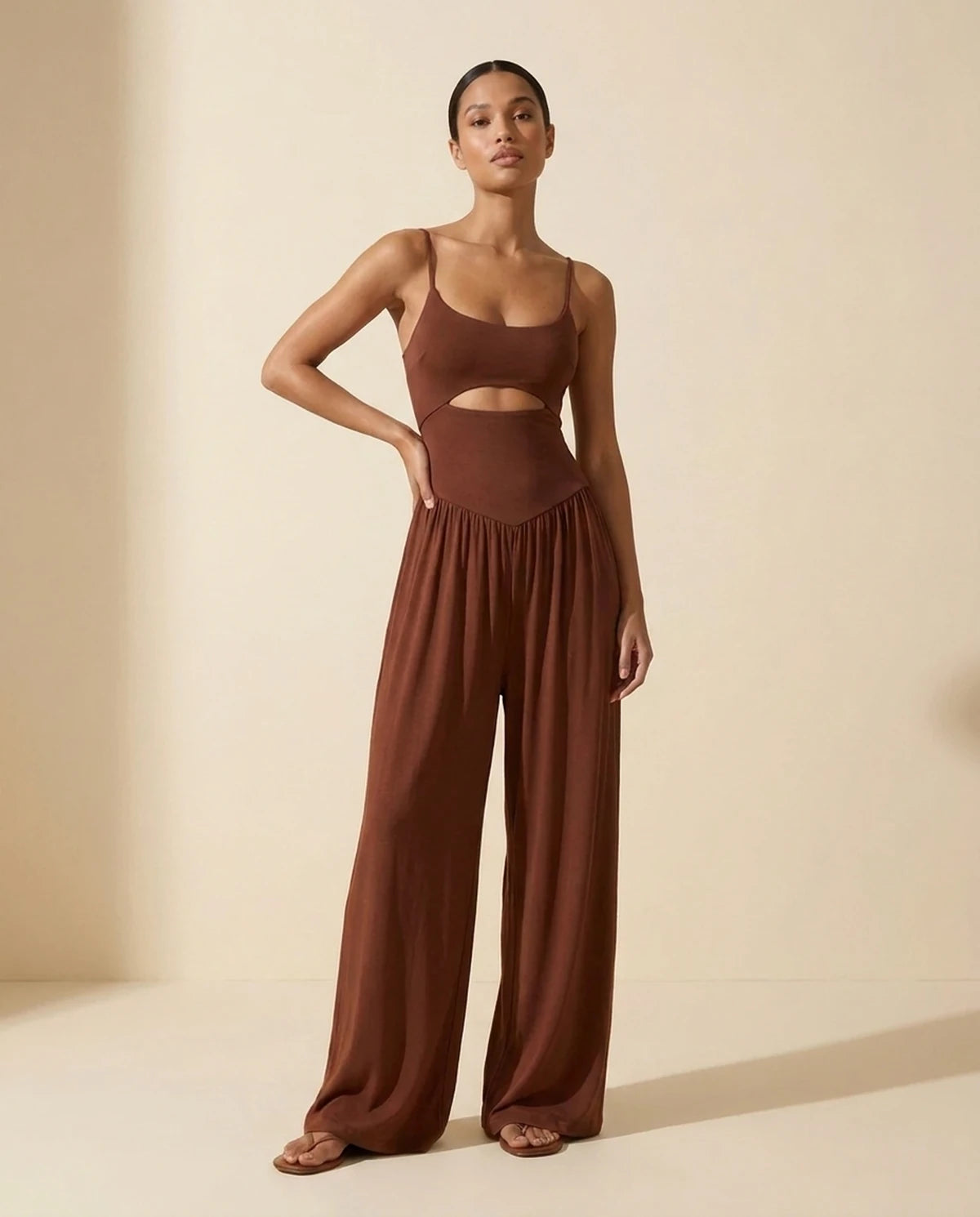 Fleurette Jumpsuit — Dark Brown | SKU: SD-59358-darkbrown-L,SD-59358-darkbrown-M,SD-59358-darkbrown-S,SD-59358-darkbrown-XL,SD-59358-darkbrown-XS