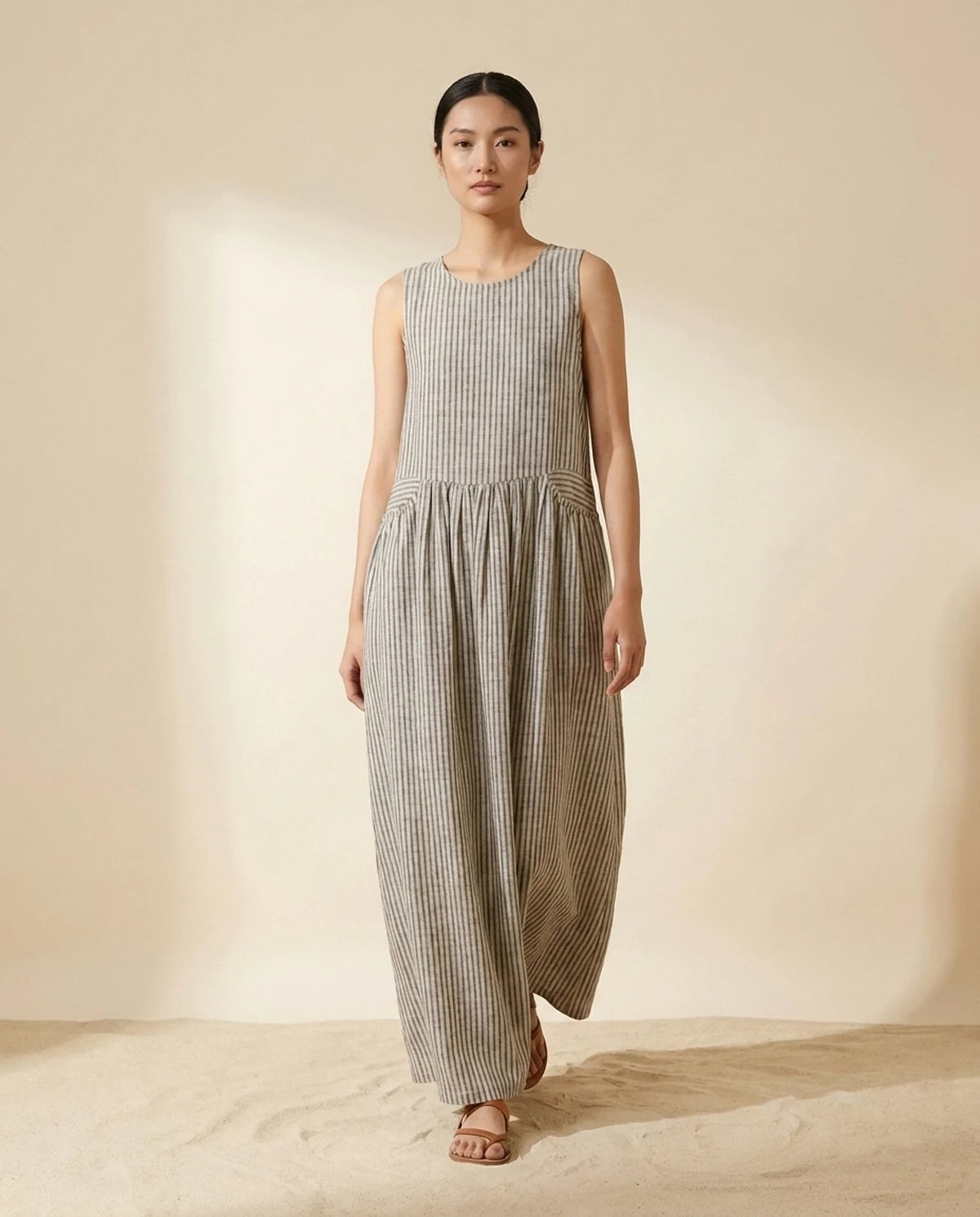 Fjora Maxi Dress — Gray Stripe | SKU: SD-38666-graystripe-2XL,SD-38666-graystripe-L,SD-38666-graystripe-M,SD-38666-graystripe-S,SD-38666-graystripe-XL,SD-38666-graystripe-XS
