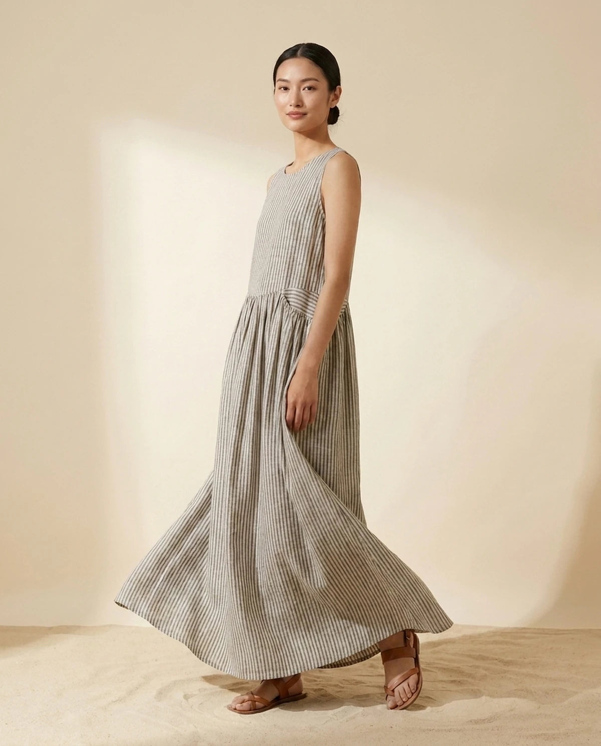 Fjora Maxi Dress — Gray Stripe | SKU: SD-38666-graystripe-2XL,SD-38666-graystripe-L,SD-38666-graystripe-M,SD-38666-graystripe-S,SD-38666-graystripe-XL,SD-38666-graystripe-XS