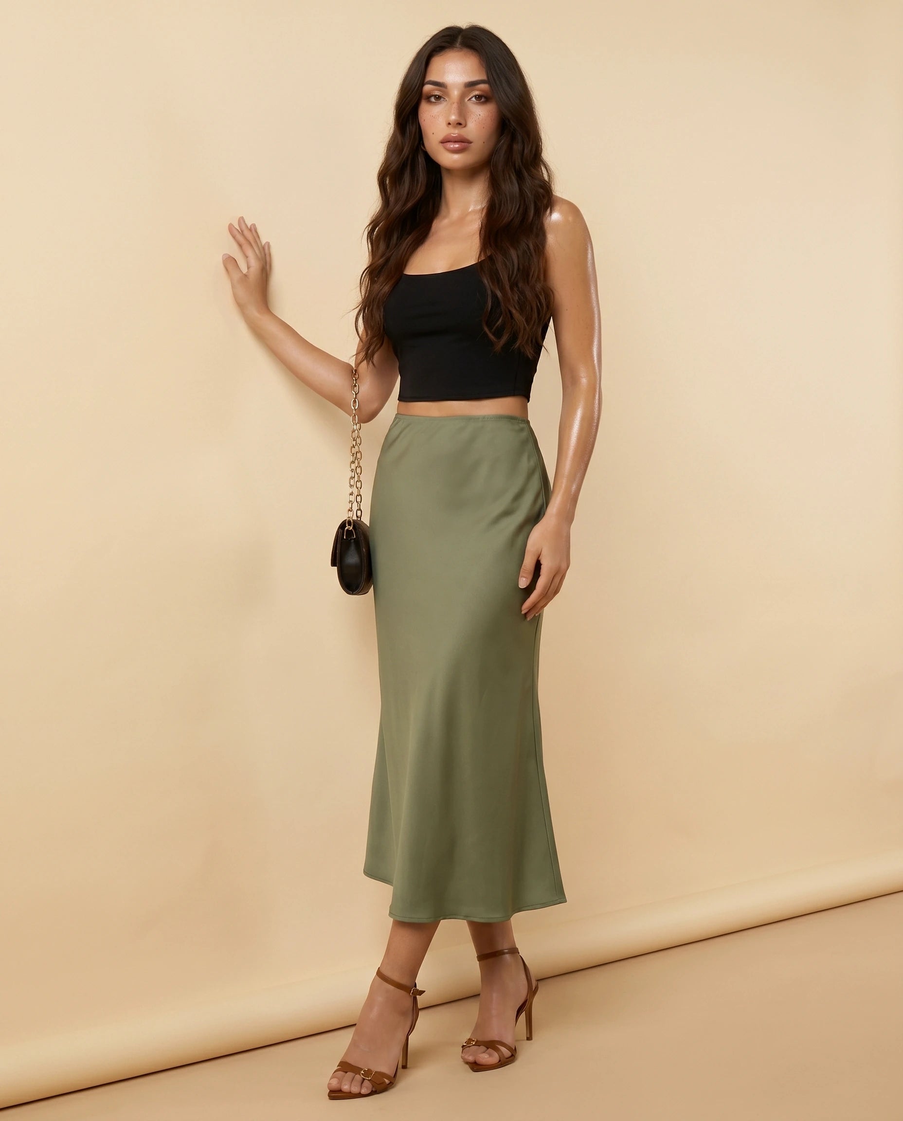 Olivia Midi Skirt angled | SKU: OMS-45291-olive-L-S2,OMS-45291-olive-M-S2,OMS-45291-olive-S-S2,OMS-45291-olive-XL-S2,OMS-45291-olive-XS-S2