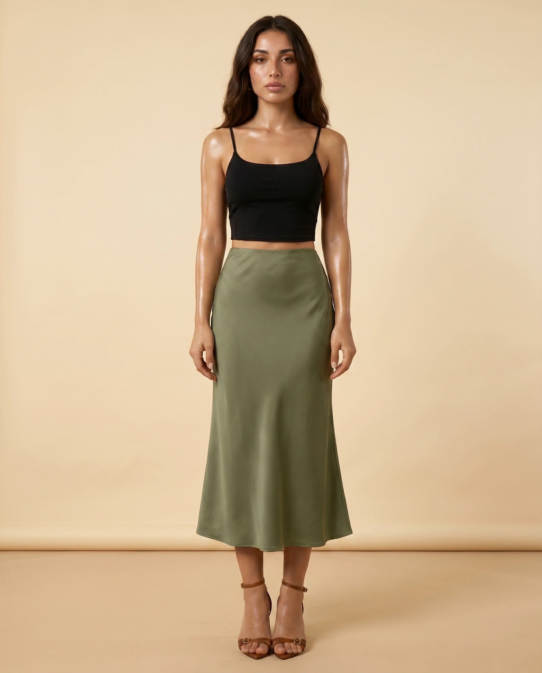 Olivia Midi Skirt front | SKU: OMS-45291-olive-L-S2,OMS-45291-olive-M-S2,OMS-45291-olive-S-S2,OMS-45291-olive-XL-S2,OMS-45291-olive-XS-S2