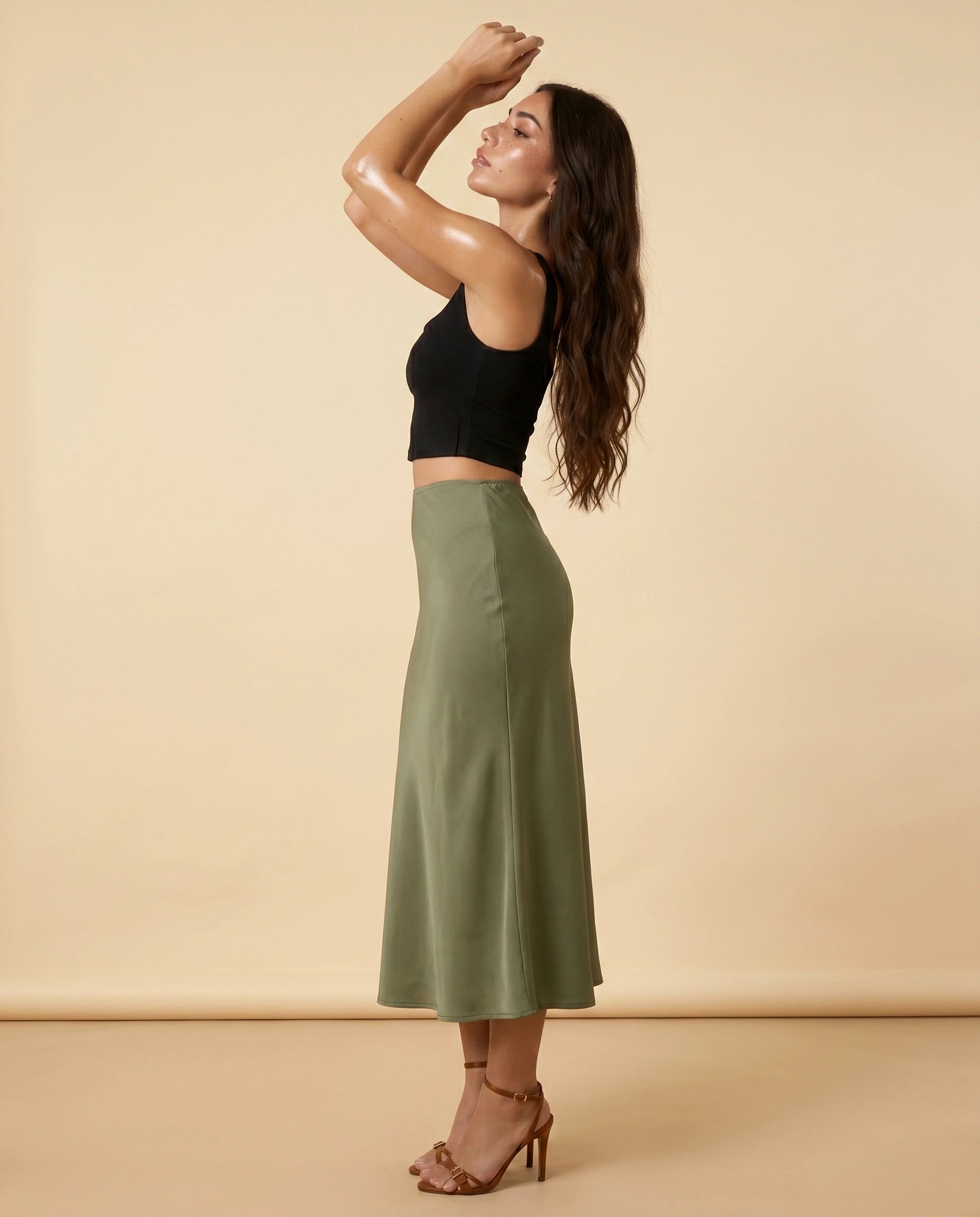 Olivia Midi Skirt side | SKU: OMS-45291-olive-L-S2,OMS-45291-olive-M-S2,OMS-45291-olive-S-S2,OMS-45291-olive-XL-S2,OMS-45291-olive-XS-S2