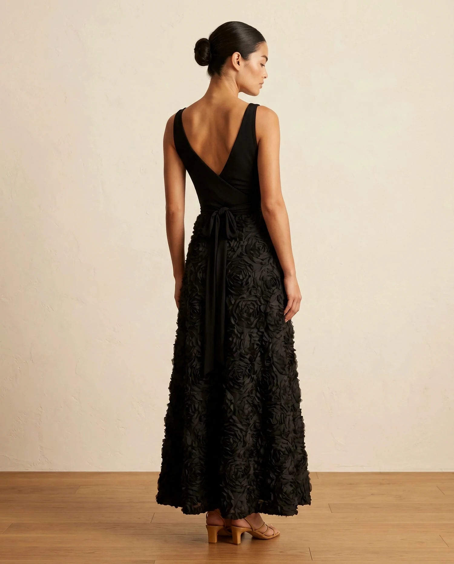 Lotus Maxi Dress – Black V Neck maxi dress, back view detail by Slimona