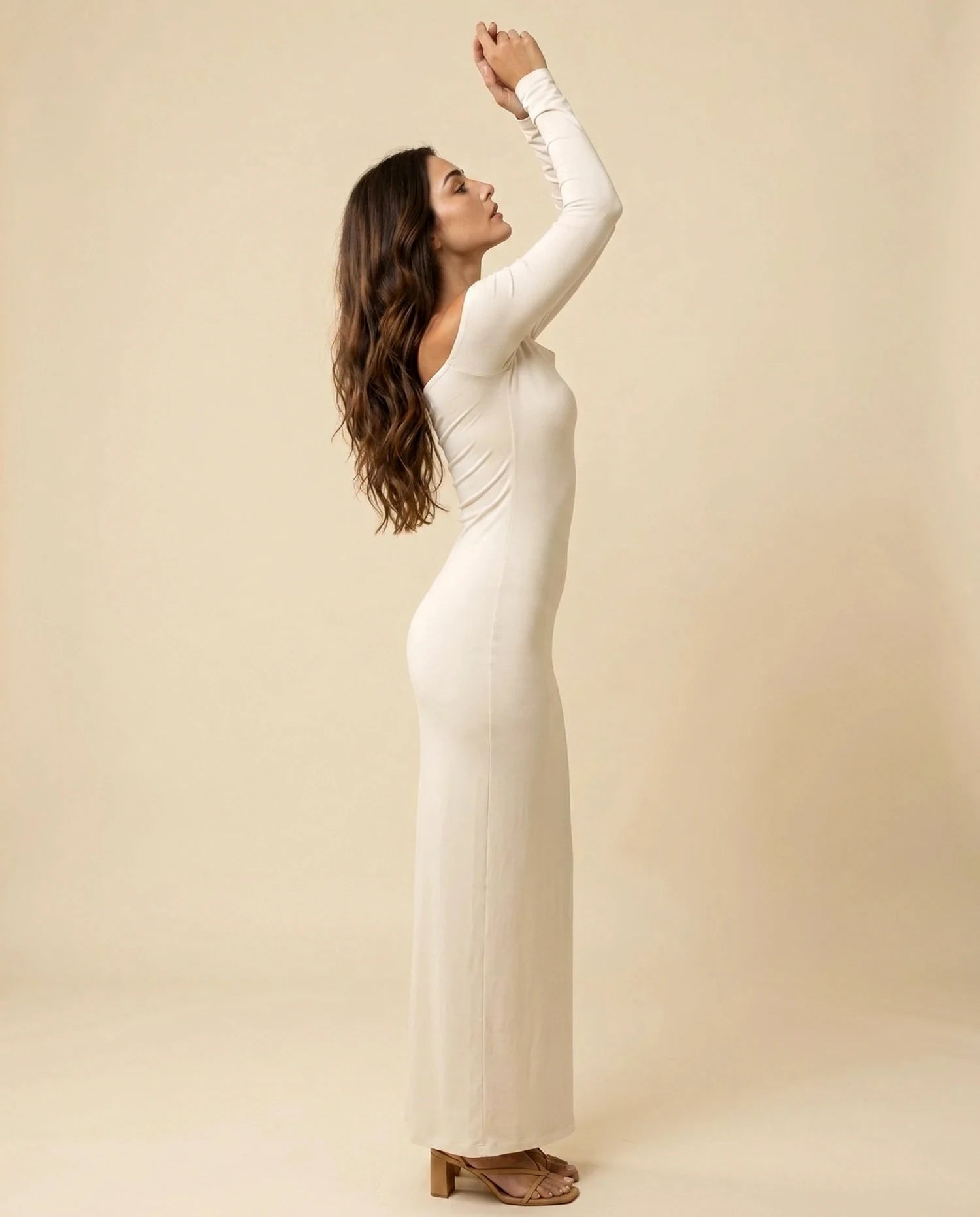 Ivory Maxi Dress – Ivory Off Shoulder maxi dress, side profile silhouette by Slimona