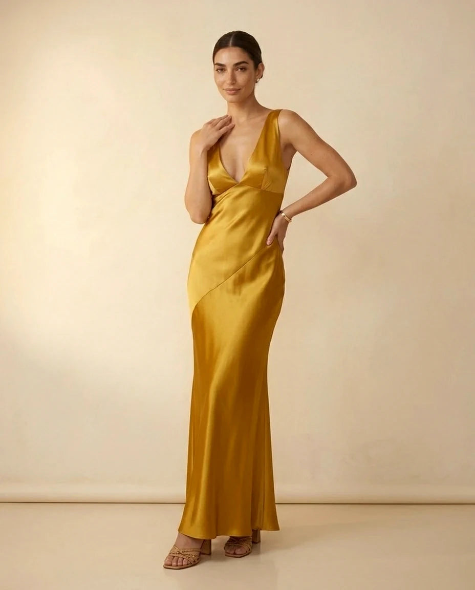 Aurelia Maxi Dress – Black Satin V Neck maxi dress, lifestyle styled look by Slimona