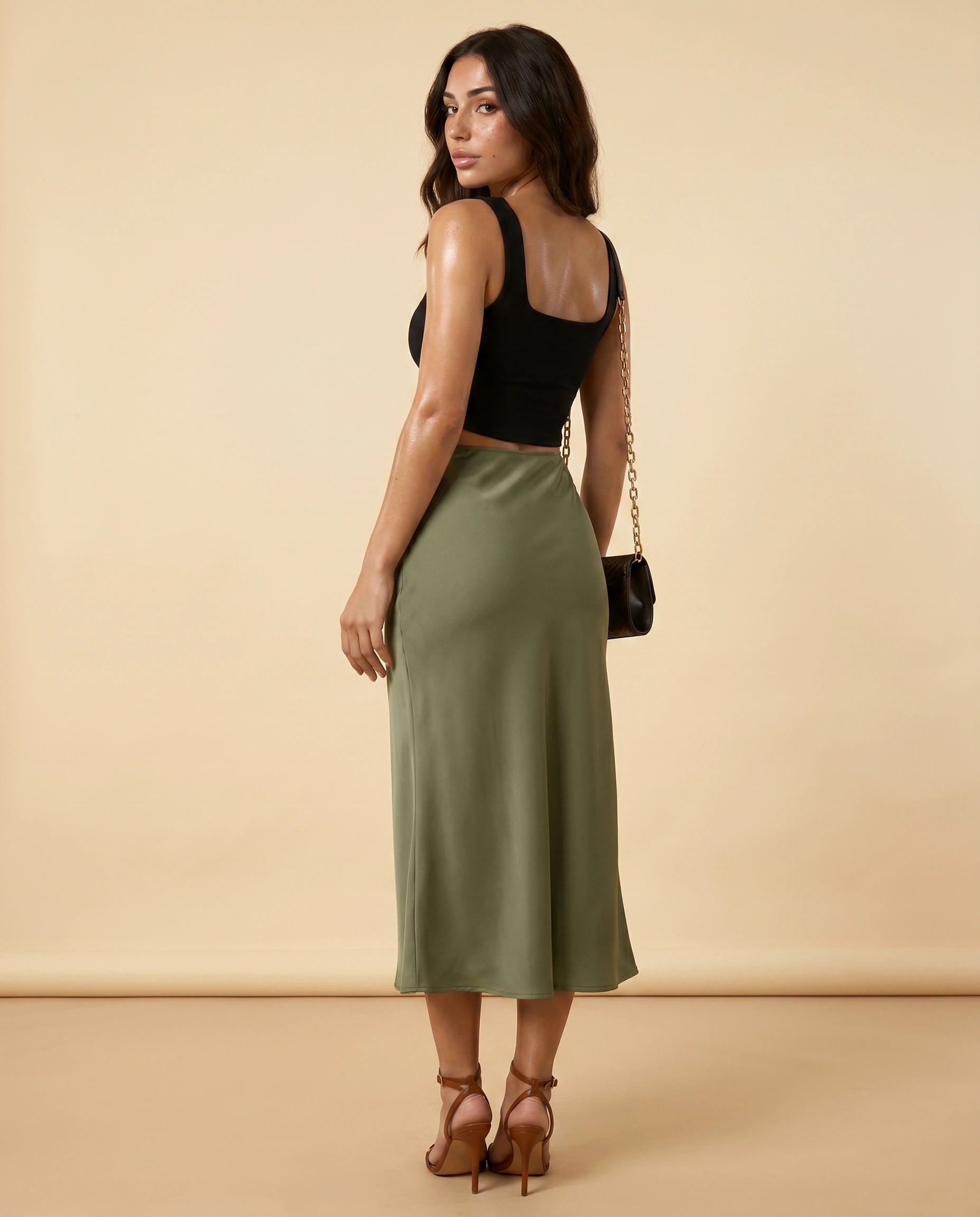 Olivia Midi Skirt back | SKU: OMS-45291-olive-L-S2,OMS-45291-olive-M-S2,OMS-45291-olive-S-S2,OMS-45291-olive-XL-S2,OMS-45291-olive-XS-S2