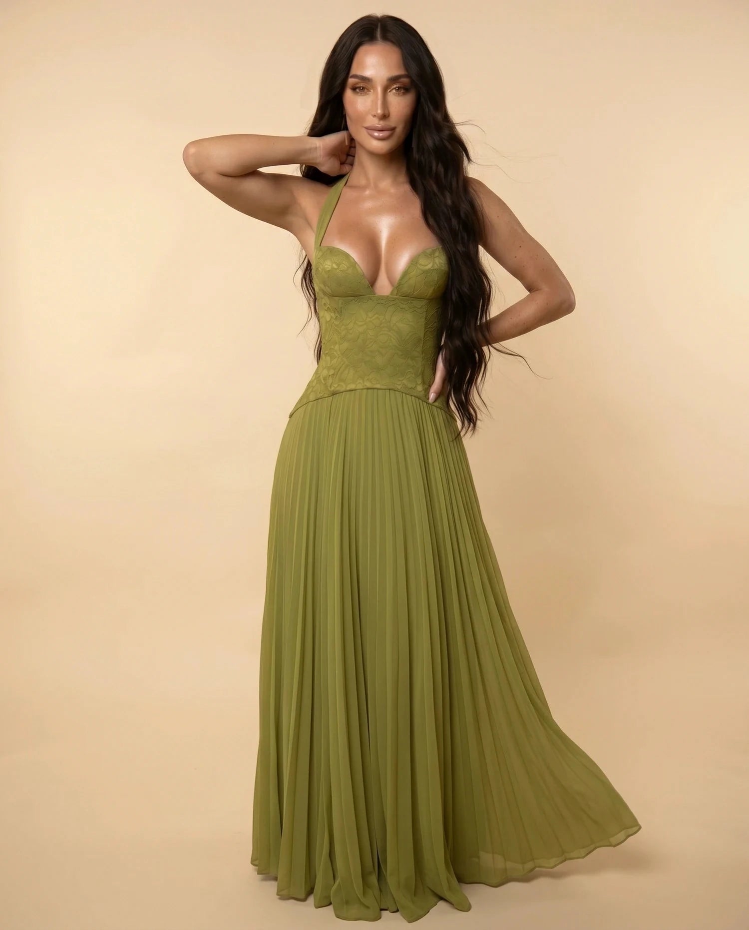 Verdant Maxi Dress – Olive Chiffon Halter maxi dress, lifestyle styled look by Slimona