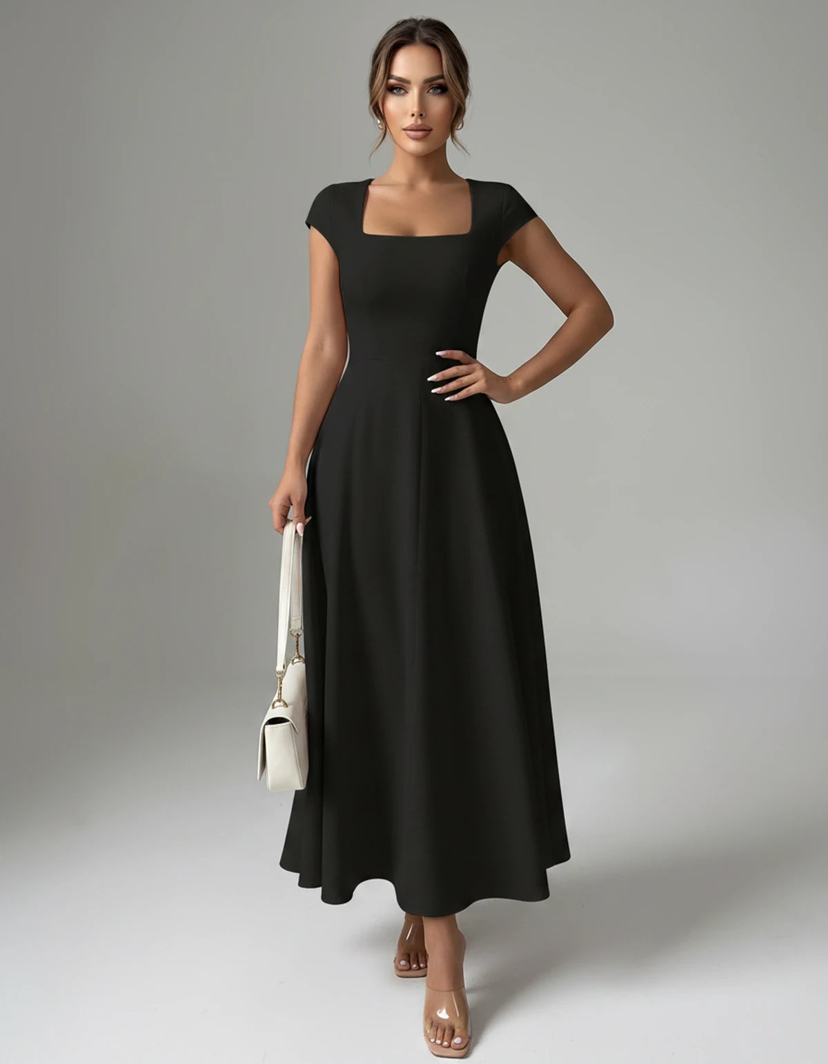 Amarante7 Midi Dresses — Black | SKU: SD-75774-black-XS,SD-75774-black-S,SD-75774-black-M,SD-75774-black-L,SD-75774-black-XL,SD-75774-black-2XL
