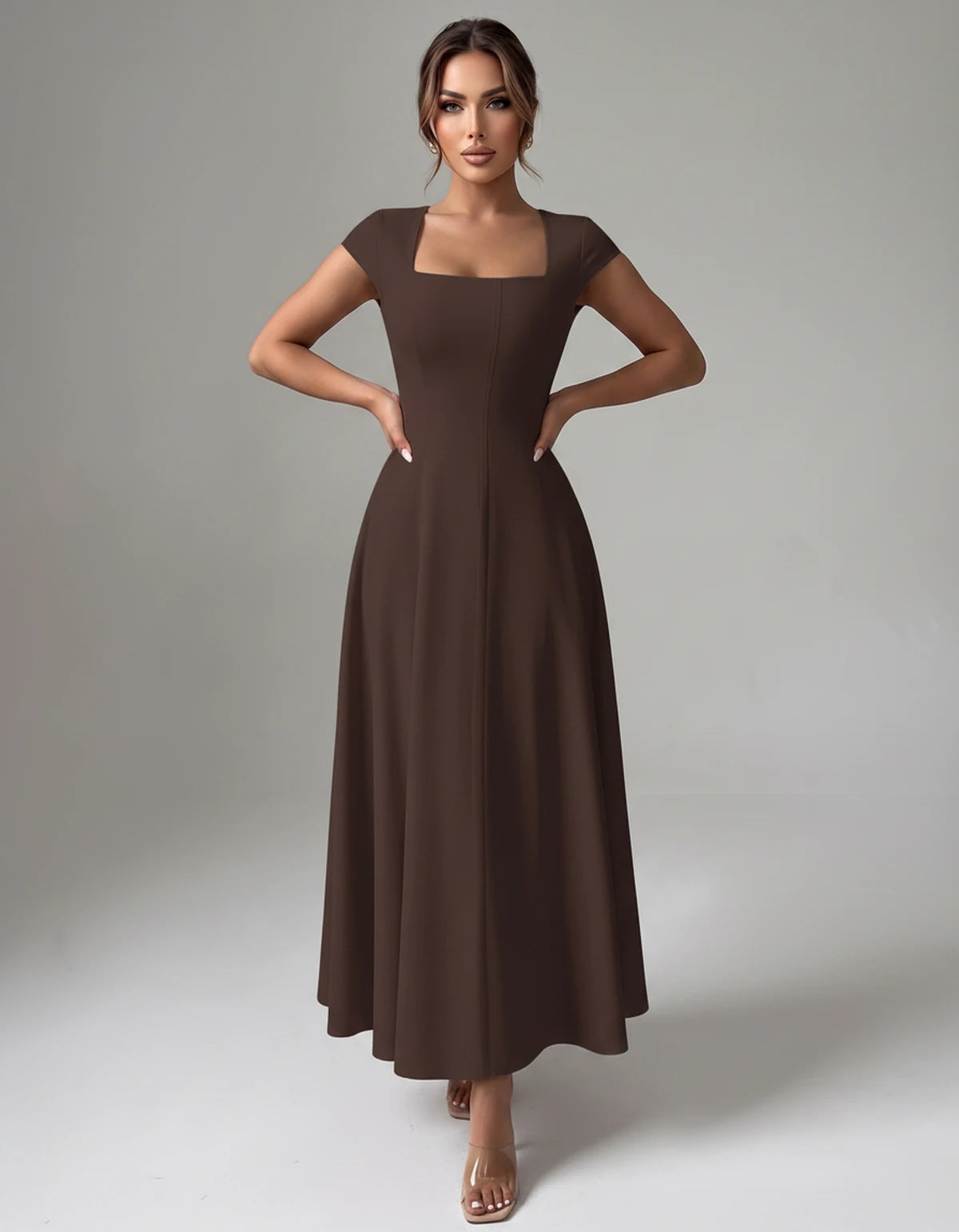 Amarante7 Midi Dresses — Coffee | SKU: SD-75774-coffee-XS,SD-75774-coffee-S,SD-75774-coffee-M,SD-75774-coffee-L,SD-75774-coffee-XL,SD-75774-coffee-2XL