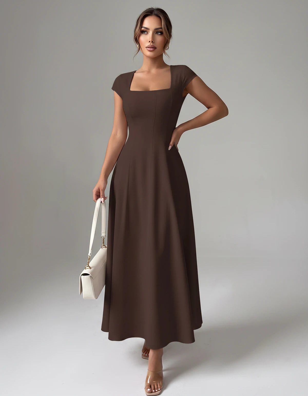 Amarante7 Midi Dresses — Coffee | SKU: SD-75774-coffee-XS,SD-75774-coffee-S,SD-75774-coffee-M,SD-75774-coffee-L,SD-75774-coffee-XL,SD-75774-coffee-2XL