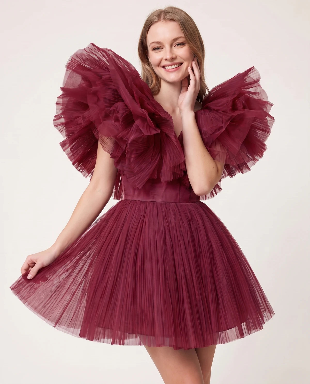 Amorelle Mini Dress — Wine | SKU: SD-41404-wine-XS,SD-41404-wine-S,SD-41404-wine-M,SD-41404-wine-L,SD-41404-wine-XL