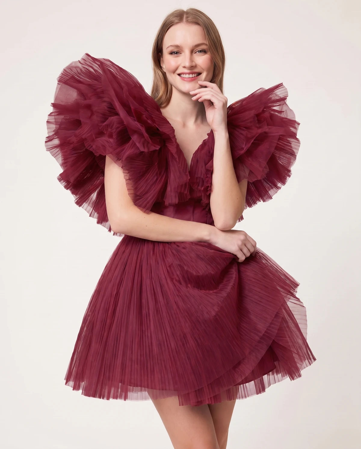 Amorelle Mini Dress — Wine | SKU: SD-41404-wine-XS,SD-41404-wine-S,SD-41404-wine-M,SD-41404-wine-L,SD-41404-wine-XL
