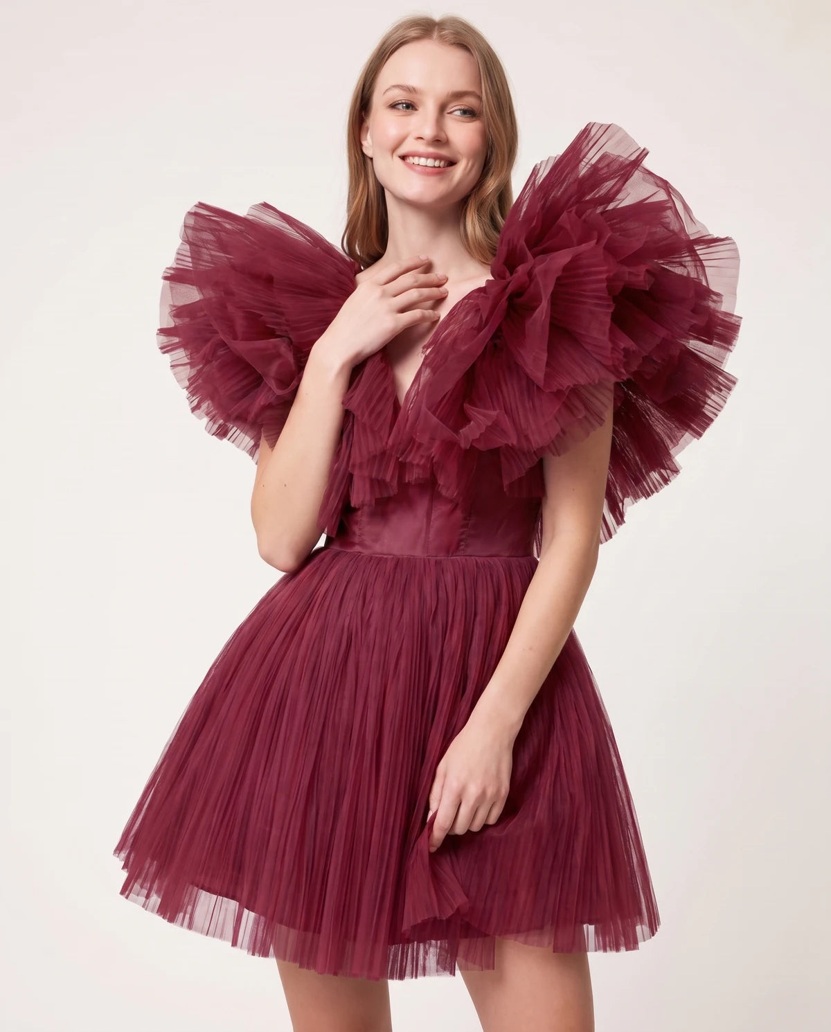 Amorelle Mini Dress — Wine | SKU: SD-41404-wine-XS,SD-41404-wine-S,SD-41404-wine-M,SD-41404-wine-L,SD-41404-wine-XL