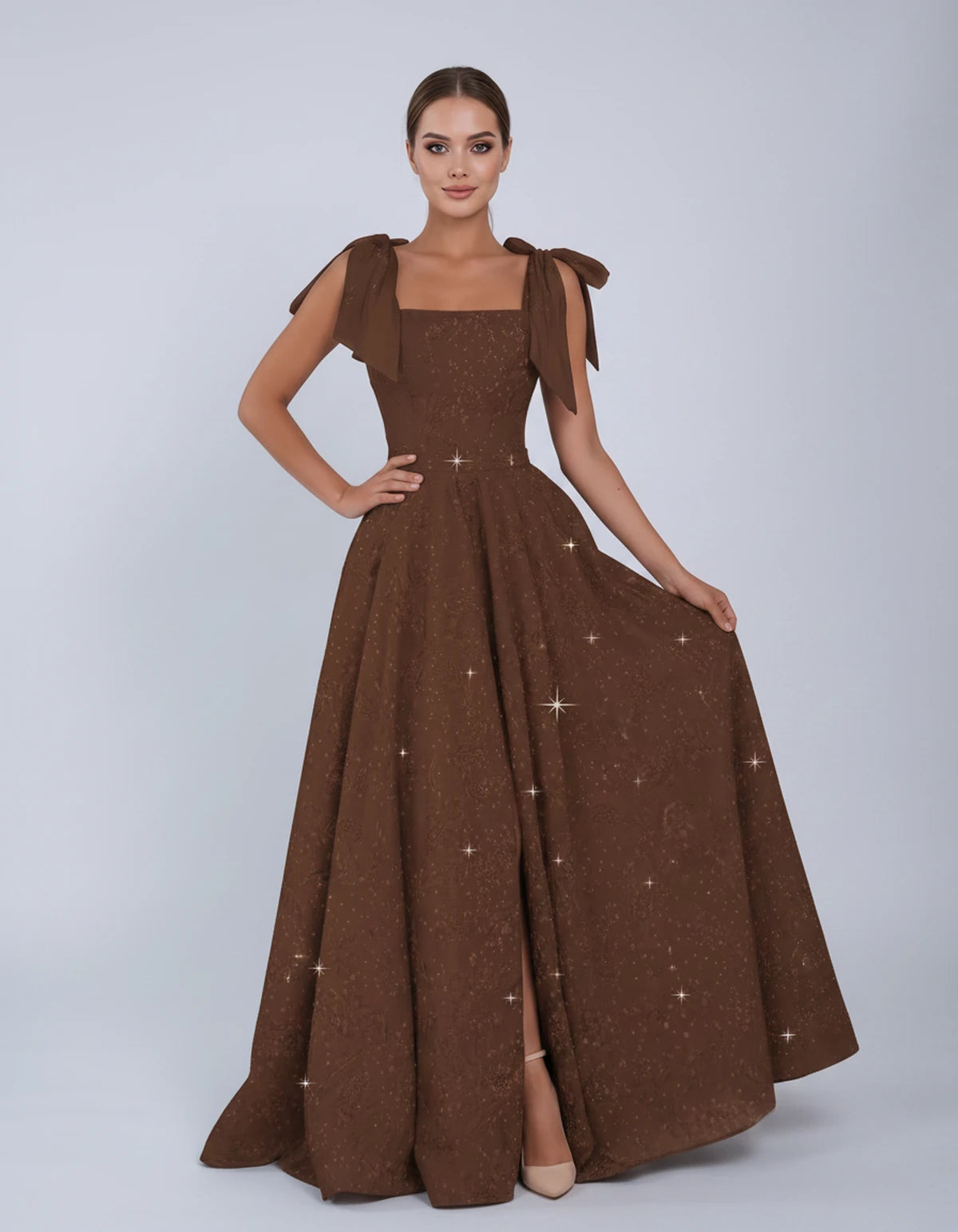Bellamy Maxi Dress — Brown | SKU: SD-00075-brown-2,SD-00075-brown-4,SD-00075-brown-6,SD-00075-brown-8,SD-00075-brown-10,SD-00075-brown-12,SD-00075-brown-14,SD-00075-brown-16,SD-00075-brown-16W,SD-00075-brown-18W,SD-00075-brown-20W,SD-00075-brown-22W