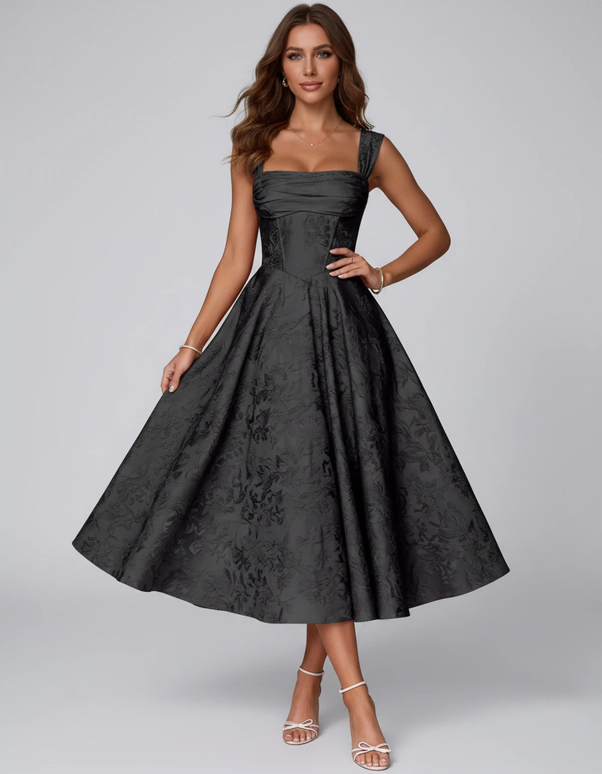Bellerose Midi Dresses — Black | SKU: SD-42237-black-2,SD-42237-black-4,SD-42237-black-6,SD-42237-black-8,SD-42237-black-10,SD-42237-black-12,SD-42237-black-14,SD-42237-black-16,SD-42237-black-16W,SD-42237-black-18W,SD-42237-black-20W,SD-42237-black-22W