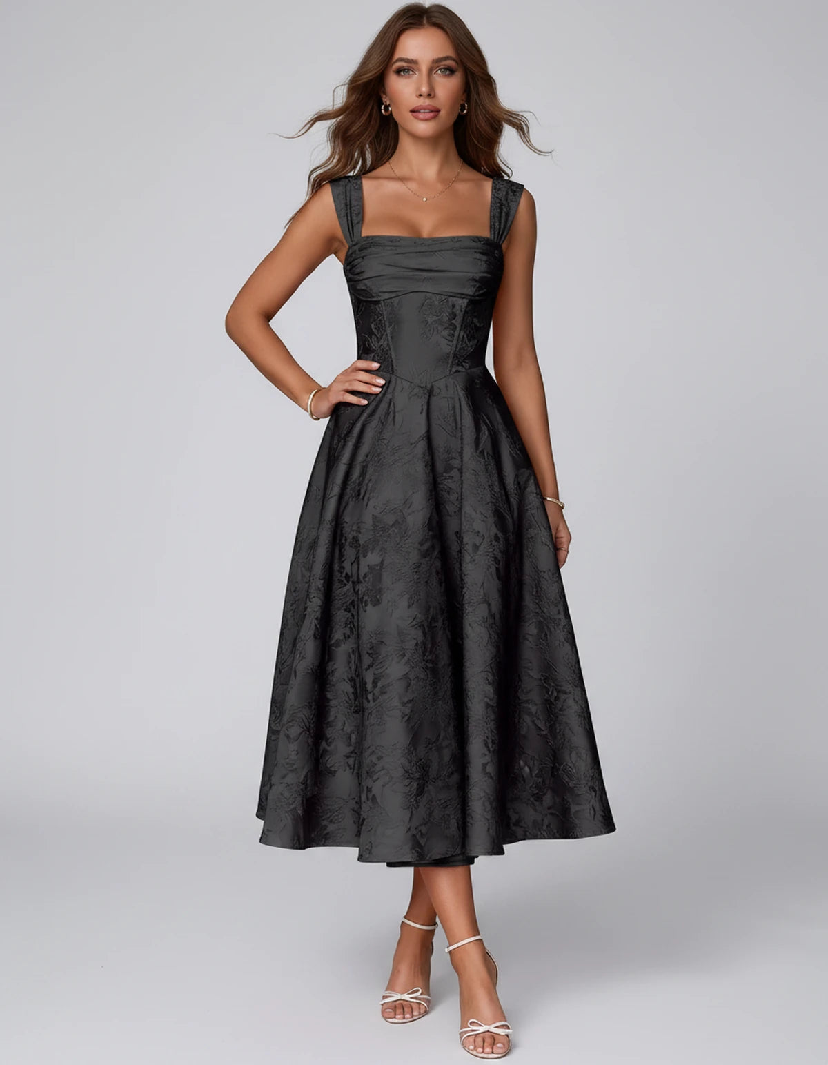 Bellerose Midi Dresses — Black | SKU: SD-42237-black-2,SD-42237-black-4,SD-42237-black-6,SD-42237-black-8,SD-42237-black-10,SD-42237-black-12,SD-42237-black-14,SD-42237-black-16,SD-42237-black-16W,SD-42237-black-18W,SD-42237-black-20W,SD-42237-black-22W