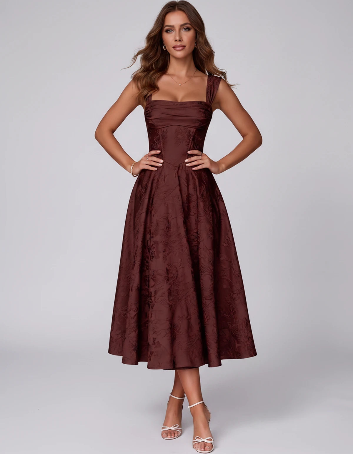 Bellerose Midi Dresses — Burgundy | SKU: SD-42237-burgundy-2,SD-42237-burgundy-4,SD-42237-burgundy-6,SD-42237-burgundy-8,SD-42237-burgundy-10,SD-42237-burgundy-12,SD-42237-burgundy-14,SD-42237-burgundy-16,SD-42237-burgundy-16W,SD-42237-burgundy-18W,SD-42237-burgundy-20W,SD-42237-burgundy-22W