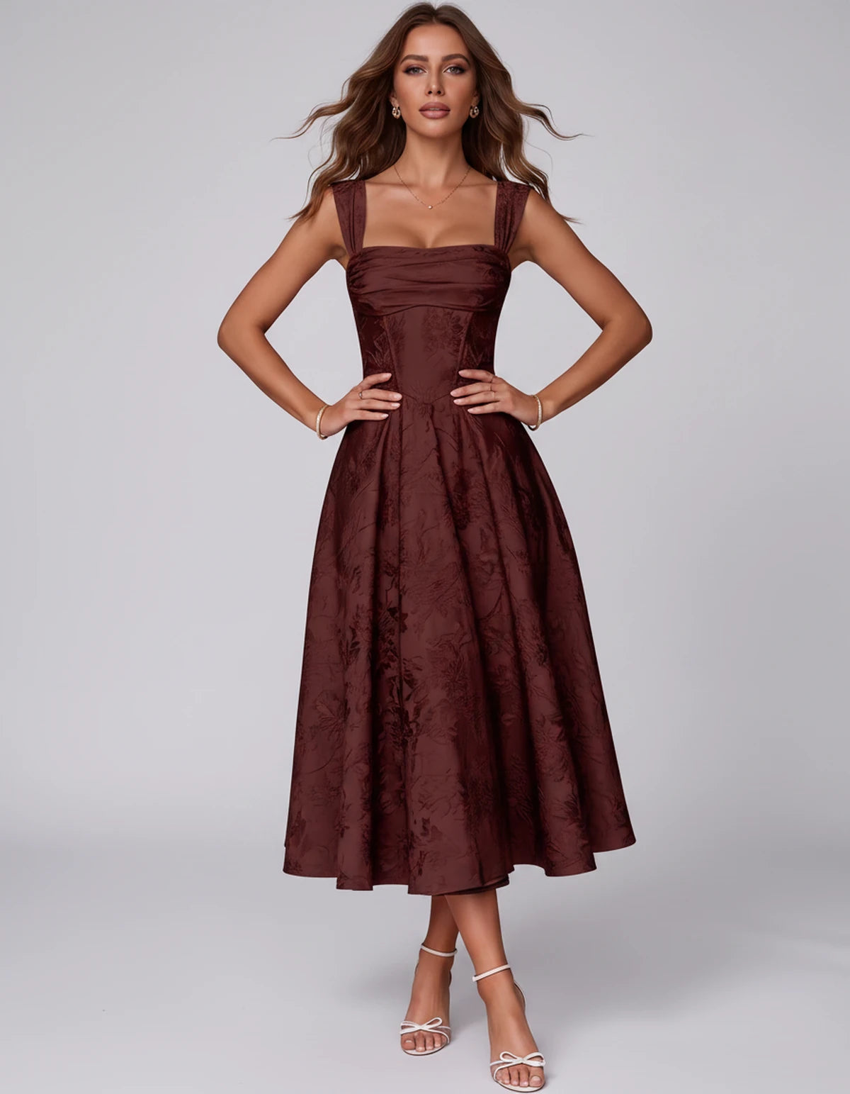 Bellerose Midi Dresses — Burgundy | SKU: SD-42237-burgundy-2,SD-42237-burgundy-4,SD-42237-burgundy-6,SD-42237-burgundy-8,SD-42237-burgundy-10,SD-42237-burgundy-12,SD-42237-burgundy-14,SD-42237-burgundy-16,SD-42237-burgundy-16W,SD-42237-burgundy-18W,SD-42237-burgundy-20W,SD-42237-burgundy-22W