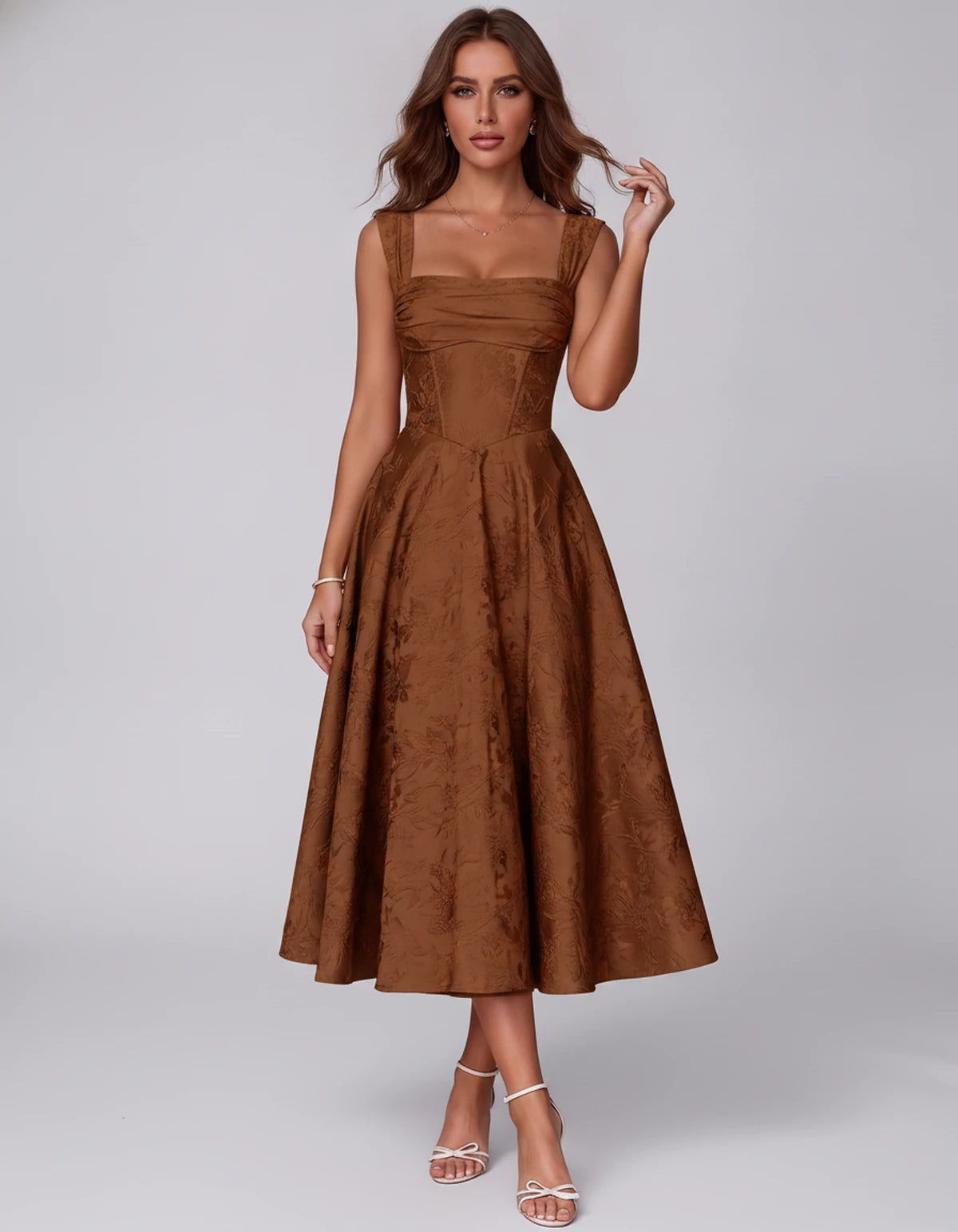 Bellerose Midi Dresses — Burnt Orange | SKU: SD-42237-burntorange-2,SD-42237-burntorange-4,SD-42237-burntorange-6,SD-42237-burntorange-8,SD-42237-burntorange-10,SD-42237-burntorange-12,SD-42237-burntorange-14,SD-42237-burntorange-16,SD-42237-burntorange-16W,SD-42237-burntorange-18W,SD-42237-burntorange-20W,SD-42237-burntorange-22W