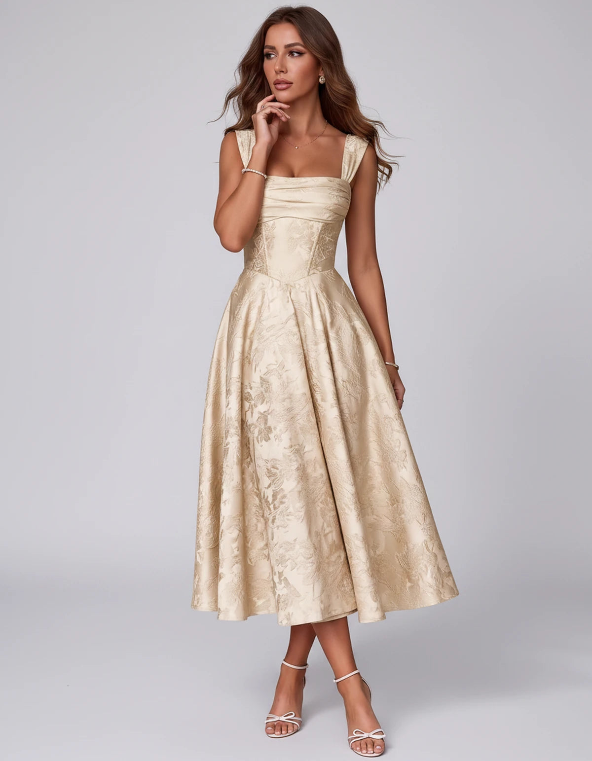 Bellerose Midi Dresses — Champagne | SKU: SD-42237-champagne-2,SD-42237-champagne-4,SD-42237-champagne-6,SD-42237-champagne-8,SD-42237-champagne-10,SD-42237-champagne-12,SD-42237-champagne-14,SD-42237-champagne-16,SD-42237-champagne-16W,SD-42237-champagne-18W,SD-42237-champagne-20W,SD-42237-champagne-22W