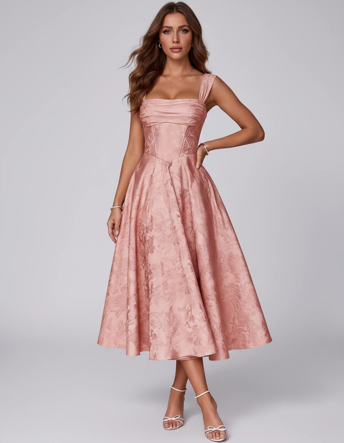 Bellerose Midi Dresses — Coral | SKU: SD-42237-coral-2,SD-42237-coral-4,SD-42237-coral-6,SD-42237-coral-8,SD-42237-coral-10,SD-42237-coral-12,SD-42237-coral-14,SD-42237-coral-16,SD-42237-coral-16W,SD-42237-coral-18W,SD-42237-coral-20W,SD-42237-coral-22W