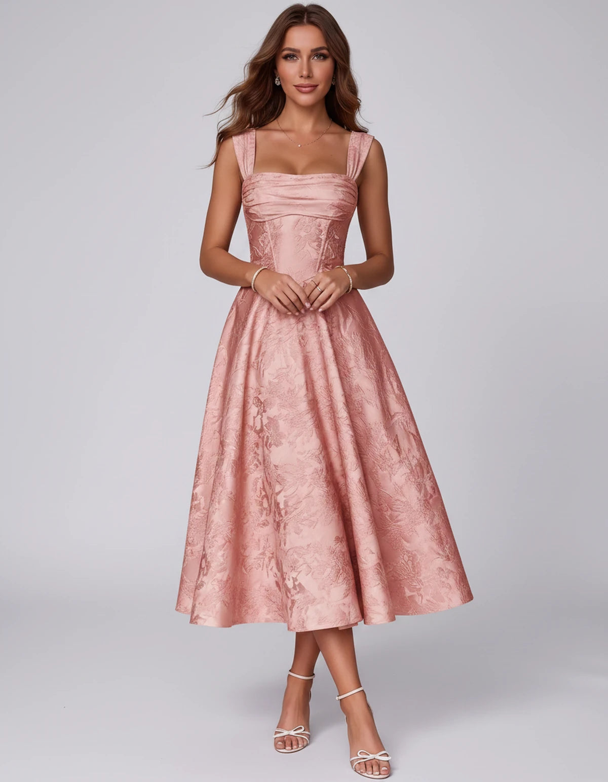 Bellerose Midi Dresses — Coral | SKU: SD-42237-coral-2,SD-42237-coral-4,SD-42237-coral-6,SD-42237-coral-8,SD-42237-coral-10,SD-42237-coral-12,SD-42237-coral-14,SD-42237-coral-16,SD-42237-coral-16W,SD-42237-coral-18W,SD-42237-coral-20W,SD-42237-coral-22W