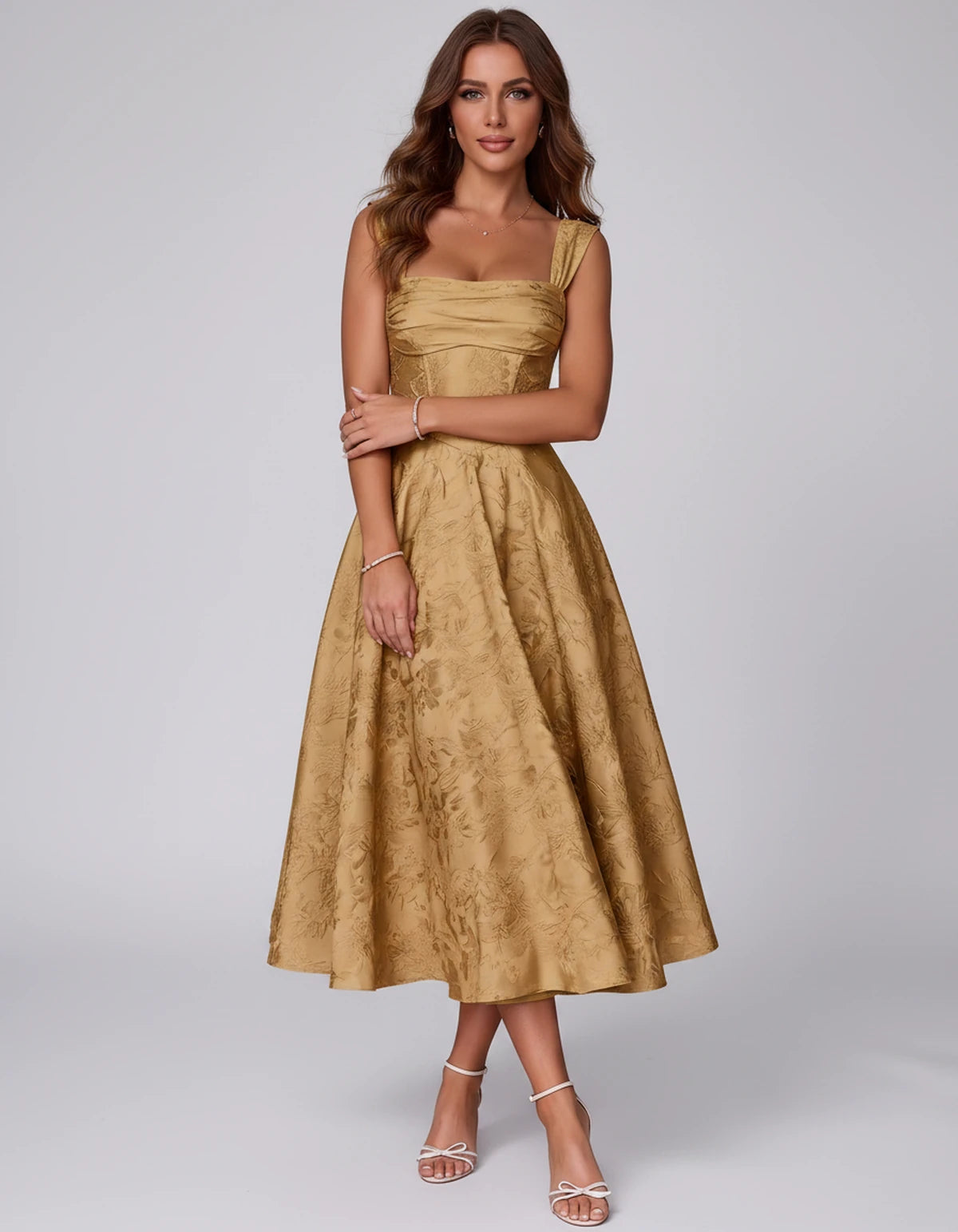 Bellerose Midi Dresses — Gold | SKU: SD-42237-gold-2,SD-42237-gold-4,SD-42237-gold-6,SD-42237-gold-8,SD-42237-gold-10,SD-42237-gold-12,SD-42237-gold-14,SD-42237-gold-16,SD-42237-gold-16W,SD-42237-gold-18W,SD-42237-gold-20W,SD-42237-gold-22W