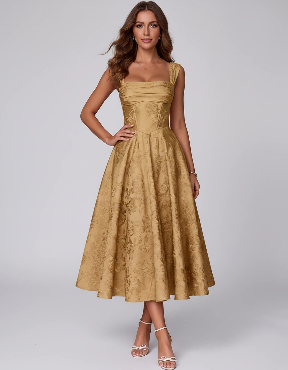 Bellerose Midi Dresses — Gold | SKU: SD-42237-gold-2,SD-42237-gold-4,SD-42237-gold-6,SD-42237-gold-8,SD-42237-gold-10,SD-42237-gold-12,SD-42237-gold-14,SD-42237-gold-16,SD-42237-gold-16W,SD-42237-gold-18W,SD-42237-gold-20W,SD-42237-gold-22W