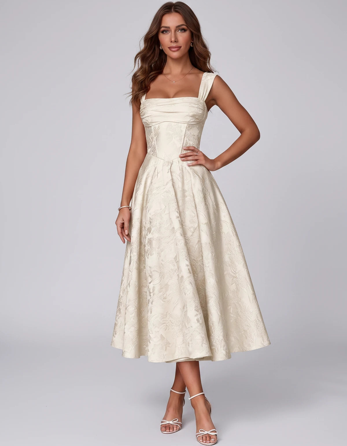 Bellerose Midi Dresses — Ivory | SKU: SD-42237-ivory-2,SD-42237-ivory-4,SD-42237-ivory-6,SD-42237-ivory-8,SD-42237-ivory-10,SD-42237-ivory-12,SD-42237-ivory-14,SD-42237-ivory-16,SD-42237-ivory-16W,SD-42237-ivory-18W,SD-42237-ivory-20W,SD-42237-ivory-22W