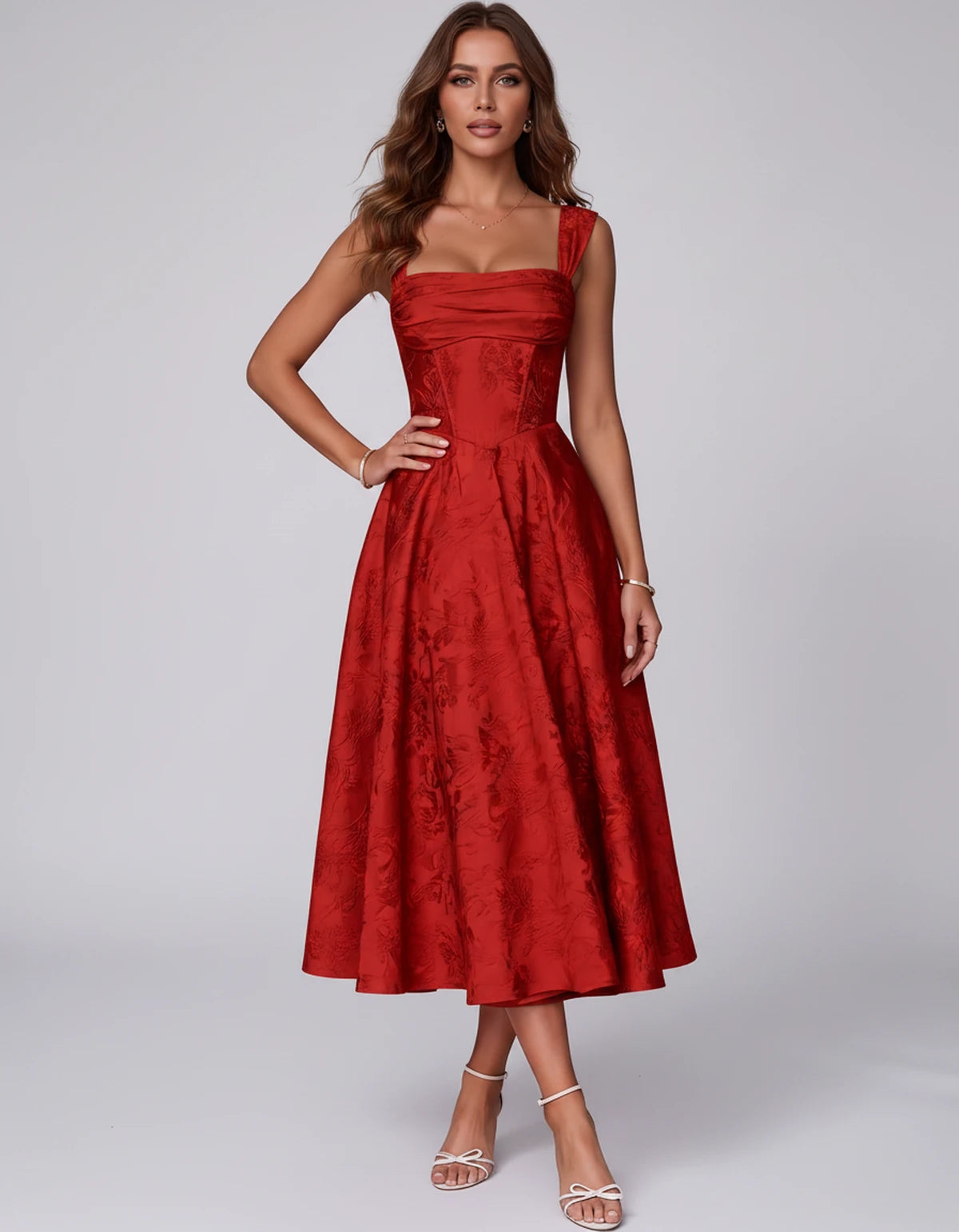 Bellerose Midi Dresses — Red | SKU: SD-42237-red-2,SD-42237-red-4,SD-42237-red-6,SD-42237-red-8,SD-42237-red-10,SD-42237-red-12,SD-42237-red-14,SD-42237-red-16,SD-42237-red-16W,SD-42237-red-18W,SD-42237-red-20W,SD-42237-red-22W