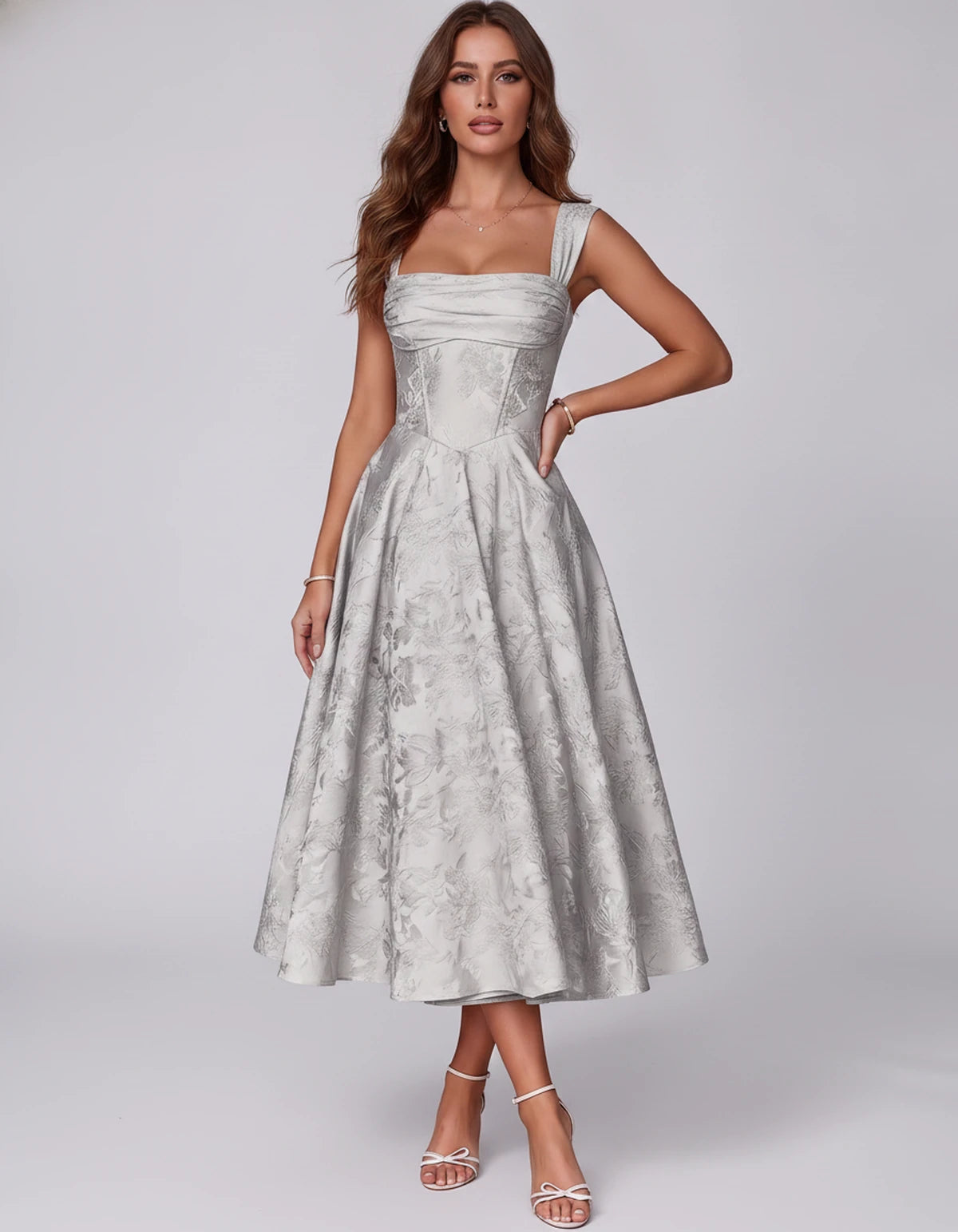 Bellerose Midi Dresses — Silver | SKU: SD-42237-silver-2,SD-42237-silver-4,SD-42237-silver-6,SD-42237-silver-8,SD-42237-silver-10,SD-42237-silver-12,SD-42237-silver-14,SD-42237-silver-16,SD-42237-silver-16W,SD-42237-silver-18W,SD-42237-silver-20W,SD-42237-silver-22W