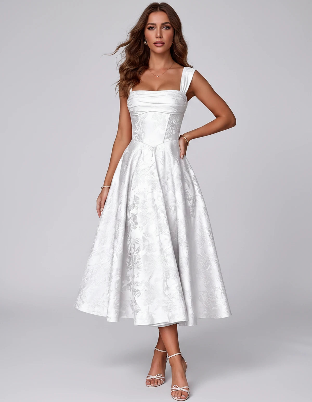 Bellerose Midi Dresses — White | SKU: SD-42237-white-2,SD-42237-white-4,SD-42237-white-6,SD-42237-white-8,SD-42237-white-10,SD-42237-white-12,SD-42237-white-14,SD-42237-white-16,SD-42237-white-16W,SD-42237-white-18W,SD-42237-white-20W,SD-42237-white-22W