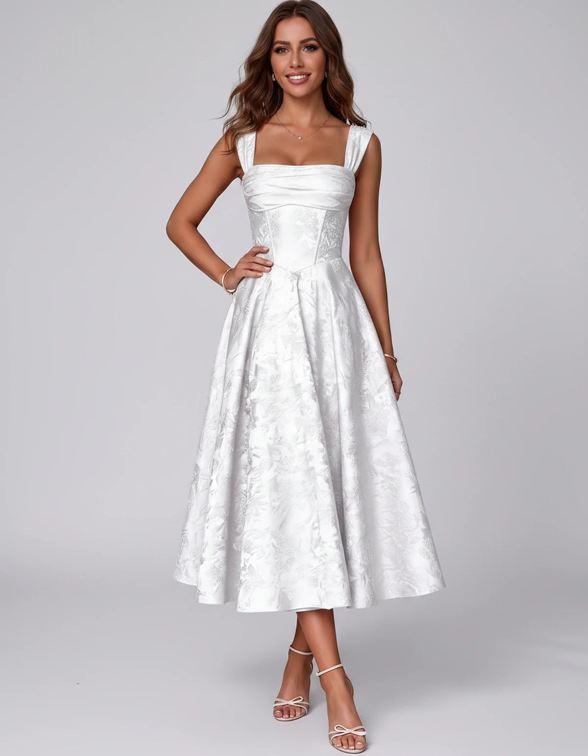 Bellerose Midi Dresses — White | SKU: SD-42237-white-2,SD-42237-white-4,SD-42237-white-6,SD-42237-white-8,SD-42237-white-10,SD-42237-white-12,SD-42237-white-14,SD-42237-white-16,SD-42237-white-16W,SD-42237-white-18W,SD-42237-white-20W,SD-42237-white-22W