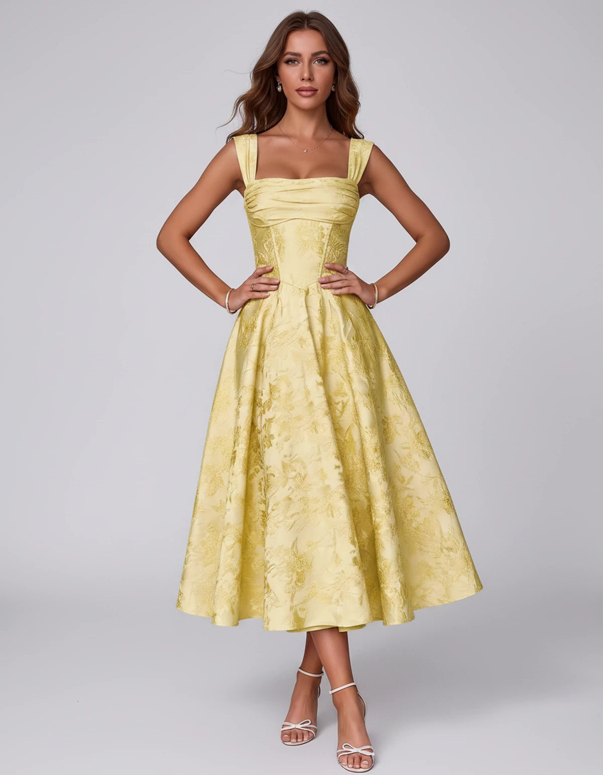 Bellerose Midi Dresses — Yellow | SKU: SD-42237-yellow-2,SD-42237-yellow-4,SD-42237-yellow-6,SD-42237-yellow-8,SD-42237-yellow-10,SD-42237-yellow-12,SD-42237-yellow-14,SD-42237-yellow-16,SD-42237-yellow-16W,SD-42237-yellow-18W,SD-42237-yellow-20W,SD-42237-yellow-22W