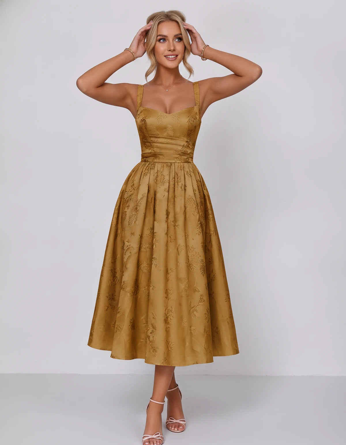 Belvedere Midi Dresses — Gold | SKU: SD-84503-gold-2,SD-84503-gold-4,SD-84503-gold-6,SD-84503-gold-8,SD-84503-gold-10,SD-84503-gold-12,SD-84503-gold-14,SD-84503-gold-16,SD-84503-gold-16W,SD-84503-gold-18W,SD-84503-gold-20W