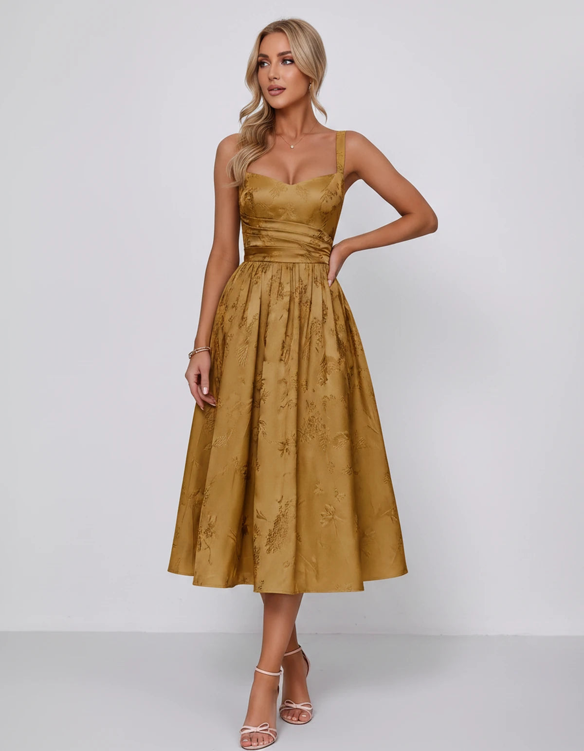 Belvedere Midi Dresses — Gold | SKU: SD-84503-gold-2,SD-84503-gold-4,SD-84503-gold-6,SD-84503-gold-8,SD-84503-gold-10,SD-84503-gold-12,SD-84503-gold-14,SD-84503-gold-16,SD-84503-gold-16W,SD-84503-gold-18W,SD-84503-gold-20W