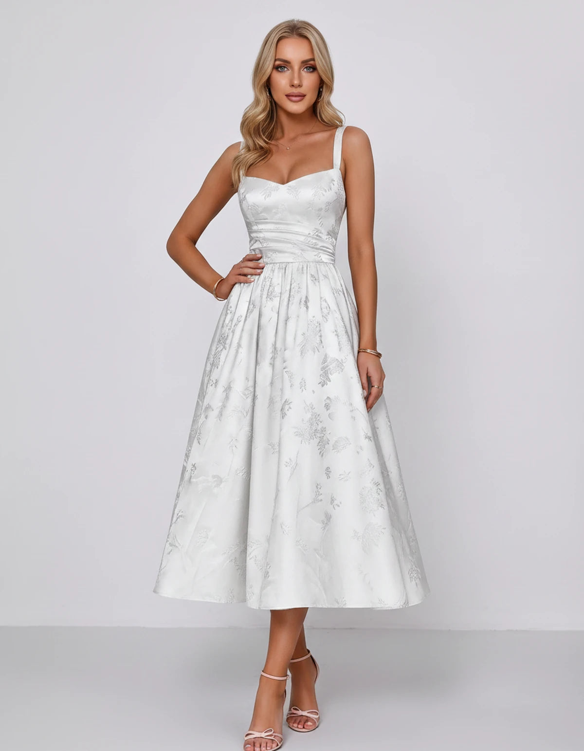Belvedere Midi Dresses — White | SKU: SD-84503-white-2,SD-84503-white-4,SD-84503-white-6,SD-84503-white-8,SD-84503-white-10,SD-84503-white-12,SD-84503-white-14,SD-84503-white-16,SD-84503-white-16W,SD-84503-white-18W,SD-84503-white-20W