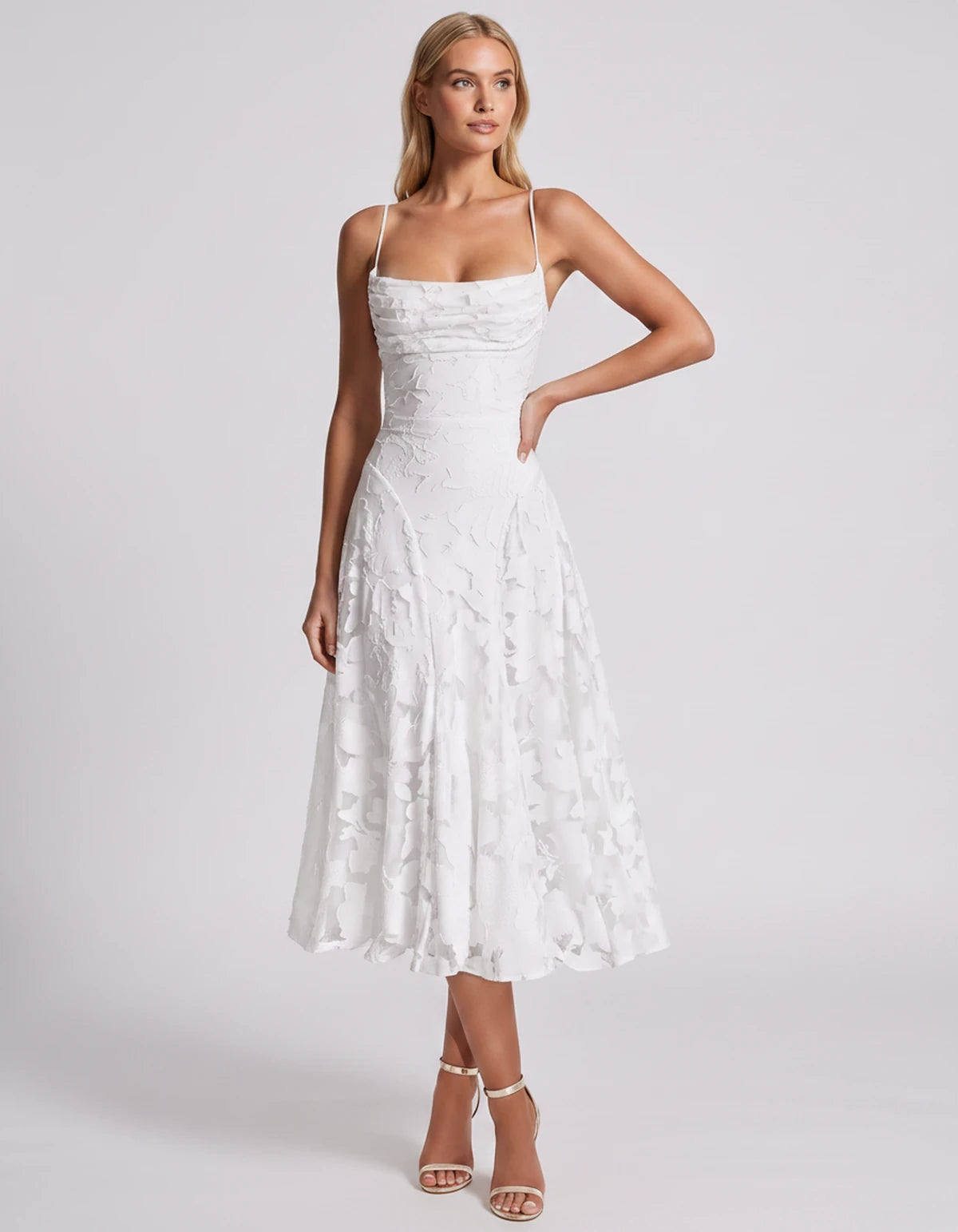 Benedetta Midi Dresses — White | SKU: SD-33761-white-2,SD-33761-white-4,SD-33761-white-6,SD-33761-white-8,SD-33761-white-10,SD-33761-white-12,SD-33761-white-14,SD-33761-white-16,SD-33761-white-16W,SD-33761-white-18W,SD-33761-white-20W,SD-33761-white-22W