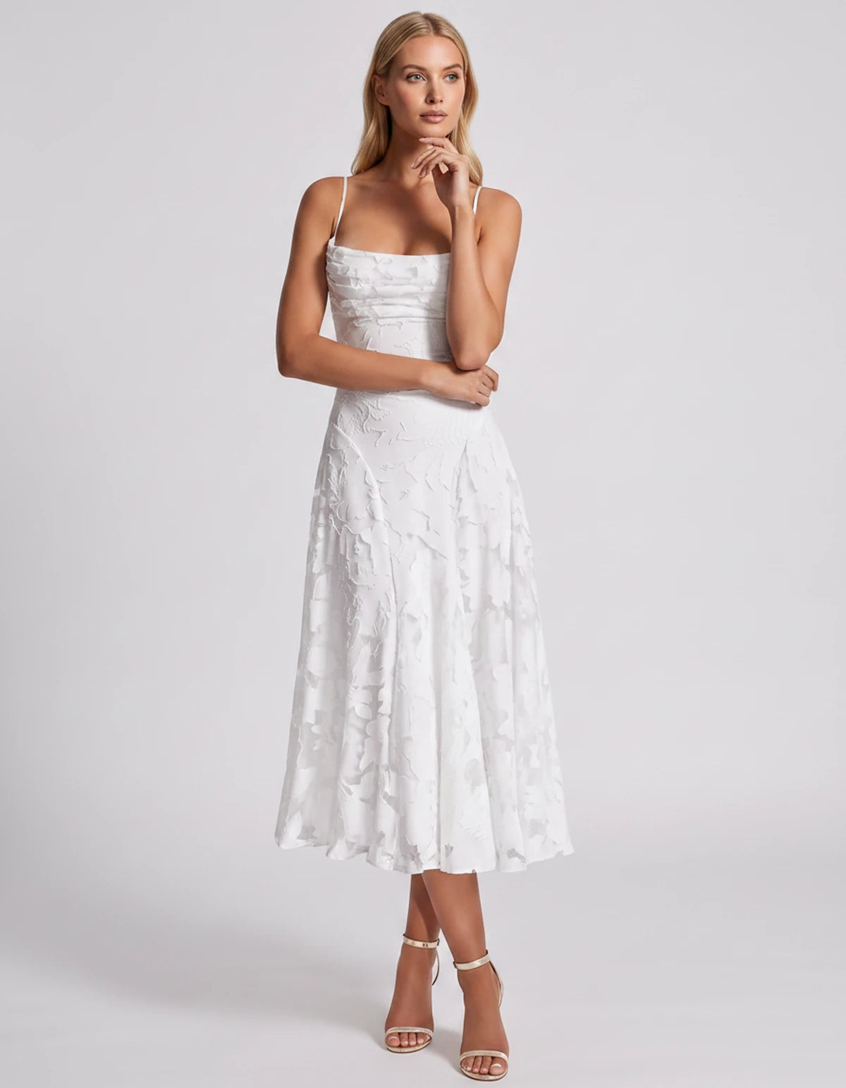 Benedetta Midi Dresses — White | SKU: SD-33761-white-2,SD-33761-white-4,SD-33761-white-6,SD-33761-white-8,SD-33761-white-10,SD-33761-white-12,SD-33761-white-14,SD-33761-white-16,SD-33761-white-16W,SD-33761-white-18W,SD-33761-white-20W,SD-33761-white-22W