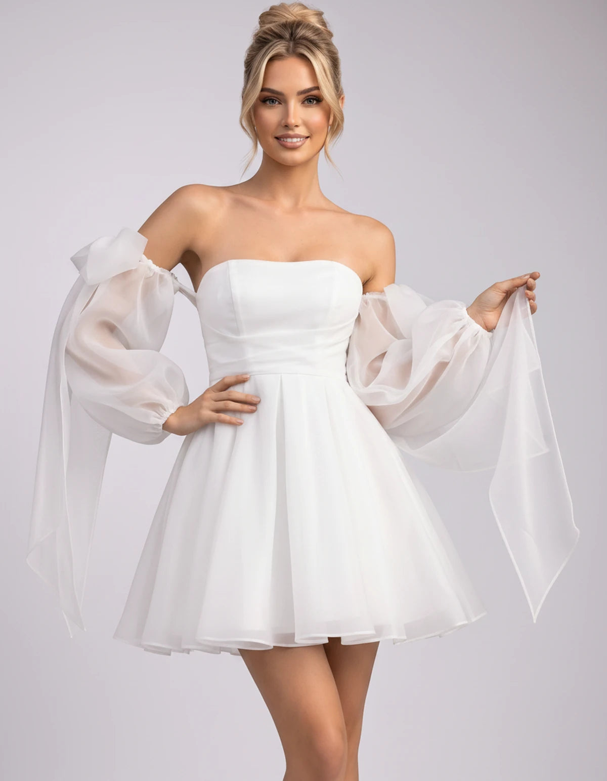 Bergamote Mini Dress — White | SKU: SD-11409-white-2,SD-11409-white-4,SD-11409-white-6,SD-11409-white-8,SD-11409-white-10,SD-11409-white-12,SD-11409-white-14,SD-11409-white-16,SD-11409-white-16W,SD-11409-white-18W,SD-11409-white-20W,SD-11409-white-22W