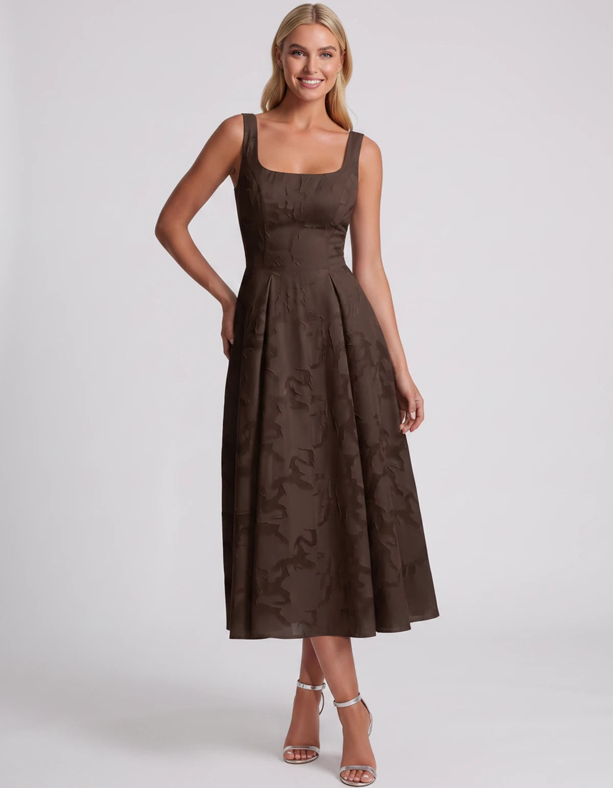 Blanchette Midi Dresses — Brown | SKU: SD-79480-brown-2,SD-79480-brown-4,SD-79480-brown-6,SD-79480-brown-8,SD-79480-brown-10,SD-79480-brown-12,SD-79480-brown-14,SD-79480-brown-16,SD-79480-brown-16W,SD-79480-brown-18W,SD-79480-brown-20W,SD-79480-brown-22W,SD-79480-brown-24W