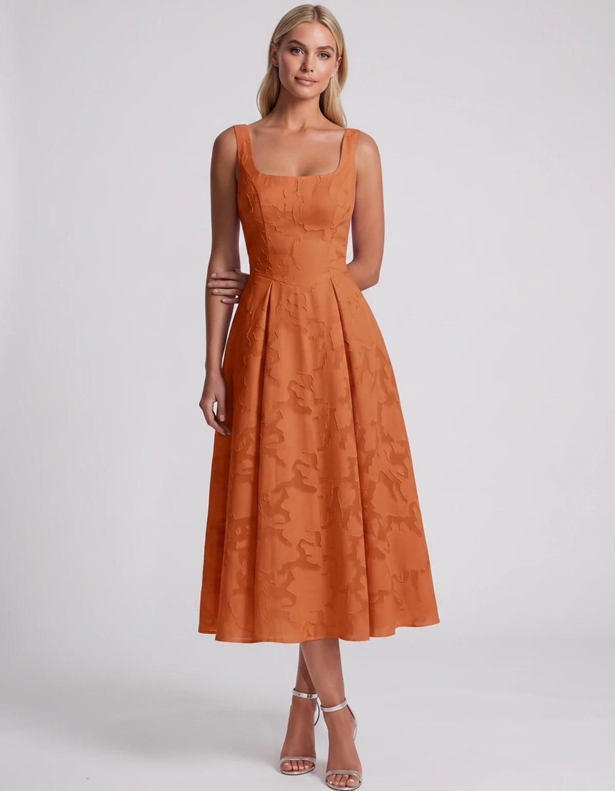 Blanchette Midi Dresses — Orange | SKU: SD-79480-orange-2,SD-79480-orange-4,SD-79480-orange-6,SD-79480-orange-8,SD-79480-orange-10,SD-79480-orange-12,SD-79480-orange-14,SD-79480-orange-16,SD-79480-orange-16W,SD-79480-orange-18W,SD-79480-orange-20W,SD-79480-orange-22W,SD-79480-orange-24W