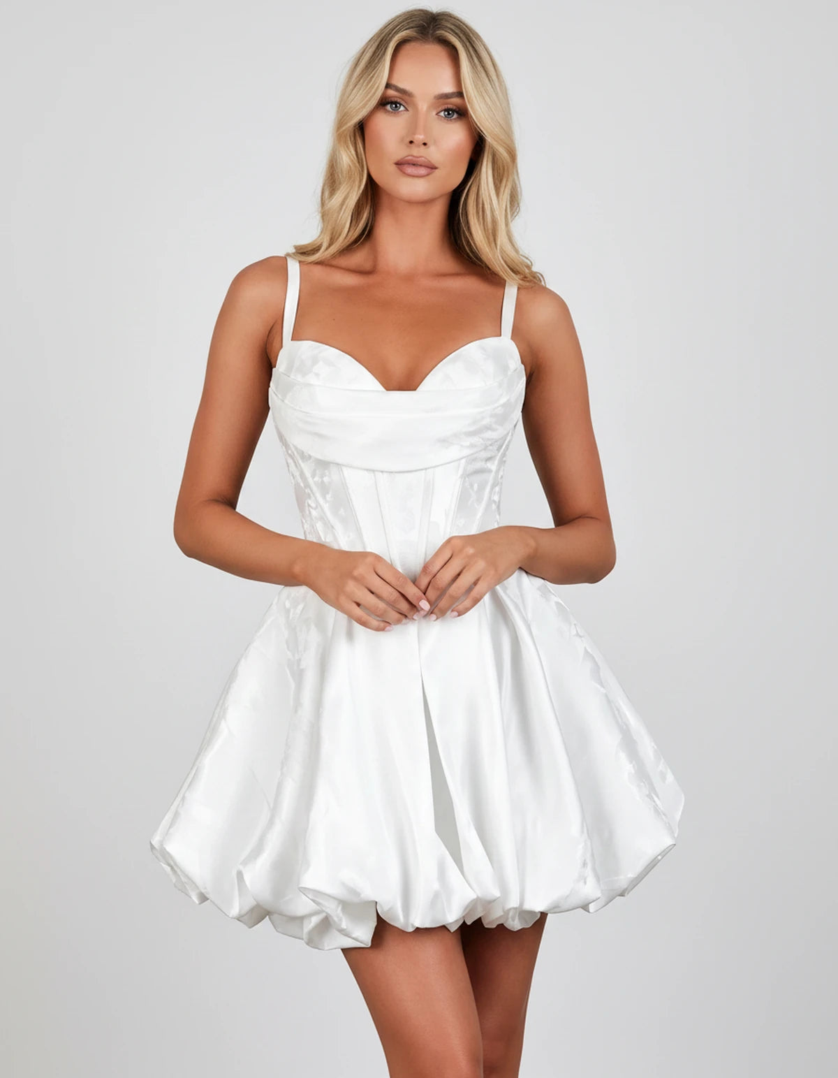 Bruyere Mini Dress — White | SKU: SD-73502-white-2,SD-73502-white-4,SD-73502-white-6,SD-73502-white-8,SD-73502-white-10,SD-73502-white-12,SD-73502-white-14,SD-73502-white-16,SD-73502-white-16W,SD-73502-white-18W,SD-73502-white-20W,SD-73502-white-22W