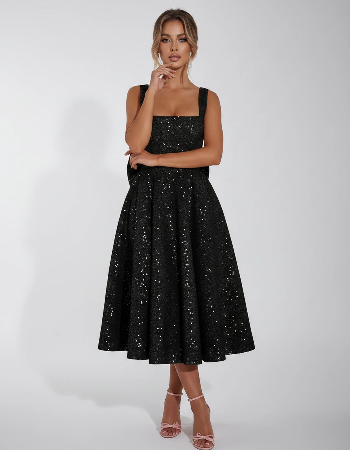 Calanthe Midi Dresses — Black | SKU: SD-45767-black-2,SD-45767-black-4,SD-45767-black-6,SD-45767-black-8,SD-45767-black-10,SD-45767-black-12,SD-45767-black-14,SD-45767-black-16,SD-45767-black-16W,SD-45767-black-18W,SD-45767-black-20W,SD-45767-black-22W,SD-45767-black-24W