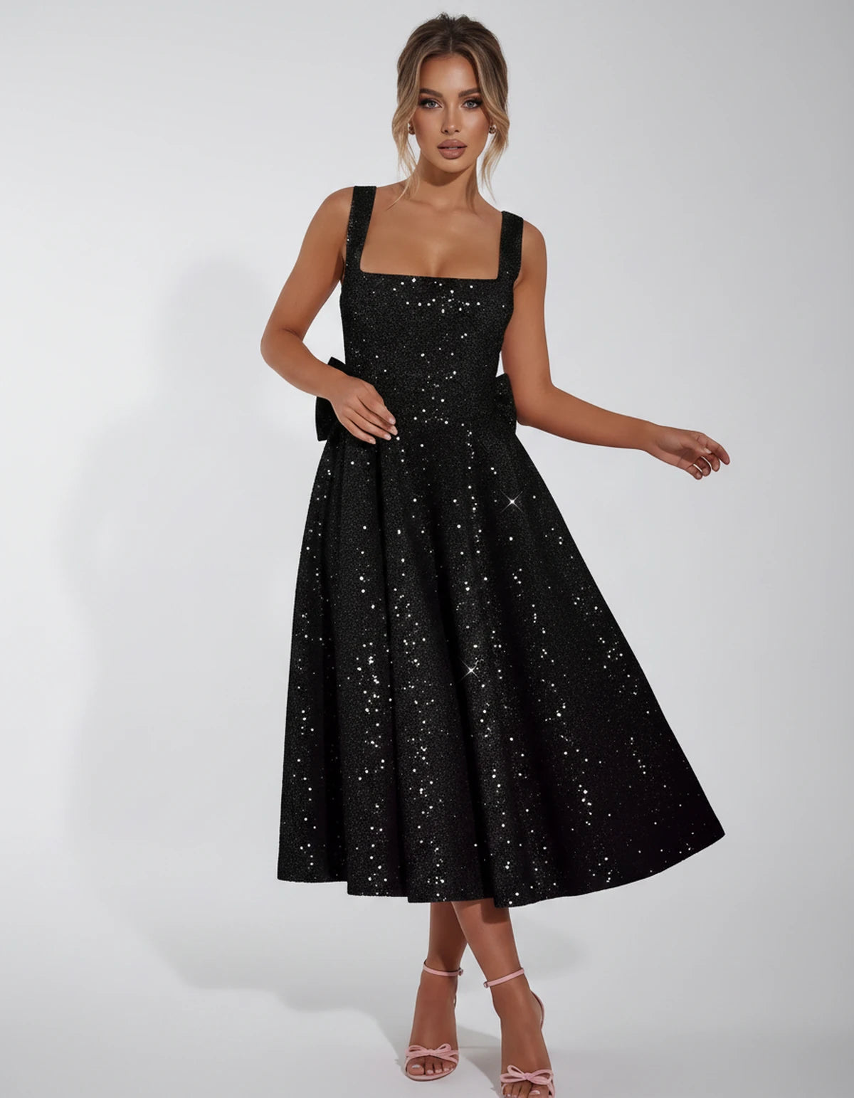 Calanthe Midi Dresses — Black | SKU: SD-45767-black-2,SD-45767-black-4,SD-45767-black-6,SD-45767-black-8,SD-45767-black-10,SD-45767-black-12,SD-45767-black-14,SD-45767-black-16,SD-45767-black-16W,SD-45767-black-18W,SD-45767-black-20W,SD-45767-black-22W,SD-45767-black-24W