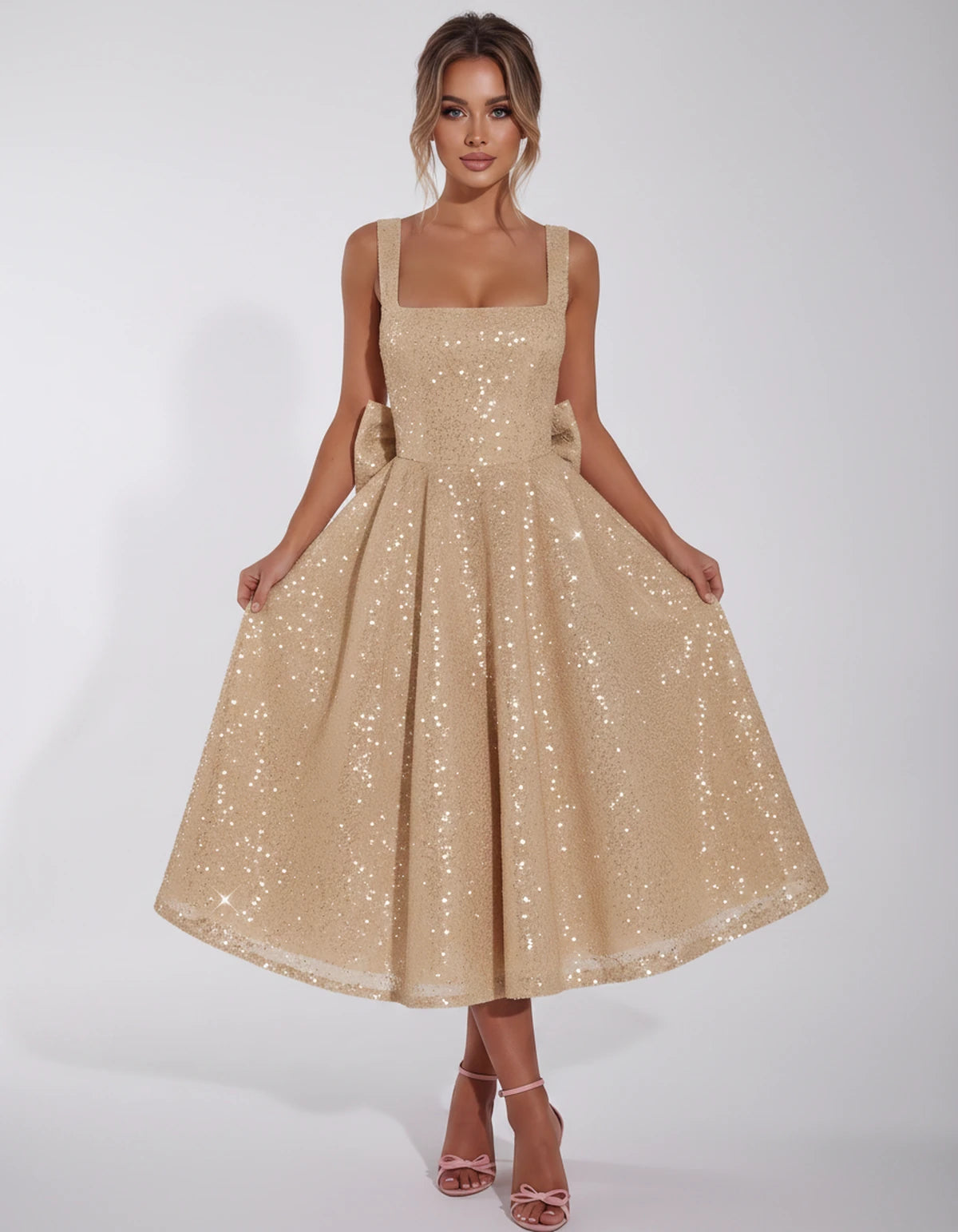 Calanthe Midi Dresses — Champagne Gold | SKU: SD-45767-champagnegold-2,SD-45767-champagnegold-4,SD-45767-champagnegold-6,SD-45767-champagnegold-8,SD-45767-champagnegold-10,SD-45767-champagnegold-12,SD-45767-champagnegold-14,SD-45767-champagnegold-16,SD-45767-champagnegold-16W,SD-45767-champagnegold-18W,SD-45767-champagnegold-20W,SD-45767-champagnegold-22W,SD-45767-champagnegold-24W