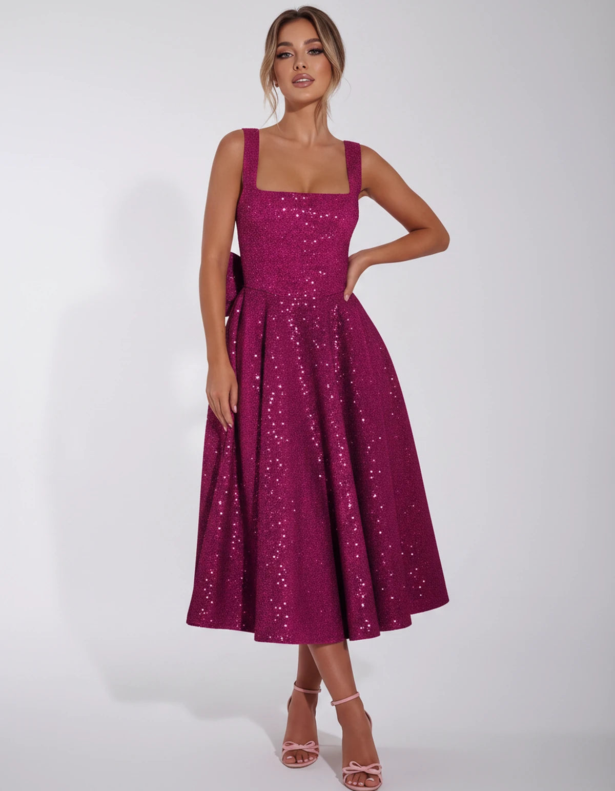 Calanthe Midi Dresses — Fuchsia | SKU: SD-45767-fuchsia-2,SD-45767-fuchsia-4,SD-45767-fuchsia-6,SD-45767-fuchsia-8,SD-45767-fuchsia-10,SD-45767-fuchsia-12,SD-45767-fuchsia-14,SD-45767-fuchsia-16,SD-45767-fuchsia-16W,SD-45767-fuchsia-18W,SD-45767-fuchsia-20W,SD-45767-fuchsia-22W,SD-45767-fuchsia-24W