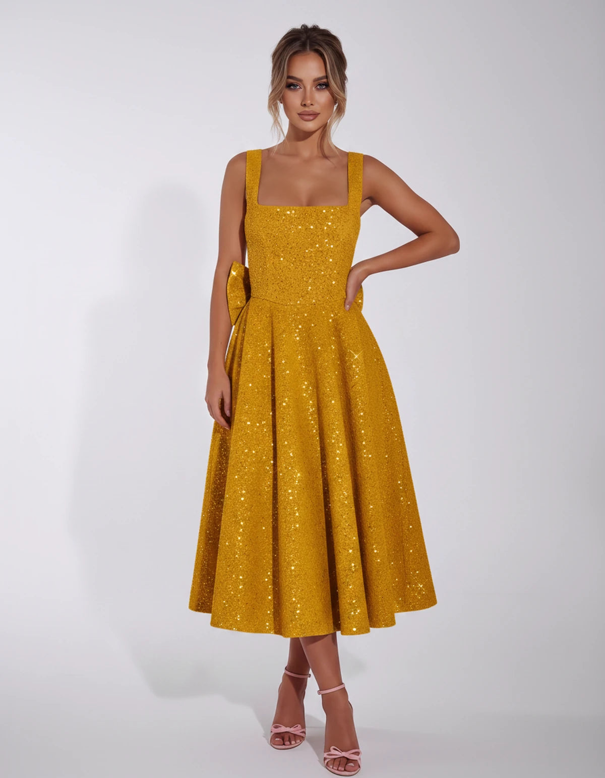 Calanthe Midi Dresses — Gold | SKU: SD-45767-gold-2,SD-45767-gold-4,SD-45767-gold-6,SD-45767-gold-8,SD-45767-gold-10,SD-45767-gold-12,SD-45767-gold-14,SD-45767-gold-16,SD-45767-gold-16W,SD-45767-gold-18W,SD-45767-gold-20W,SD-45767-gold-22W,SD-45767-gold-24W