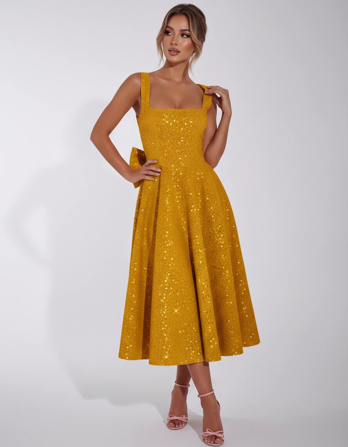 Calanthe Midi Dresses — Gold | SKU: SD-45767-gold-2,SD-45767-gold-4,SD-45767-gold-6,SD-45767-gold-8,SD-45767-gold-10,SD-45767-gold-12,SD-45767-gold-14,SD-45767-gold-16,SD-45767-gold-16W,SD-45767-gold-18W,SD-45767-gold-20W,SD-45767-gold-22W,SD-45767-gold-24W
