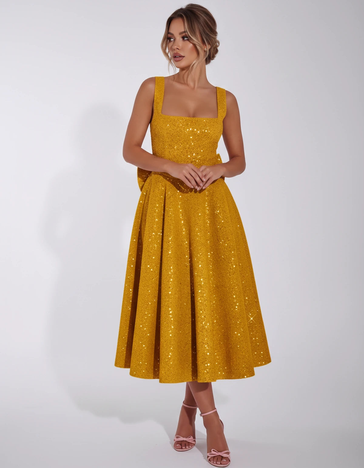 Calanthe Midi Dresses — Gold | SKU: SD-45767-gold-2,SD-45767-gold-4,SD-45767-gold-6,SD-45767-gold-8,SD-45767-gold-10,SD-45767-gold-12,SD-45767-gold-14,SD-45767-gold-16,SD-45767-gold-16W,SD-45767-gold-18W,SD-45767-gold-20W,SD-45767-gold-22W,SD-45767-gold-24W